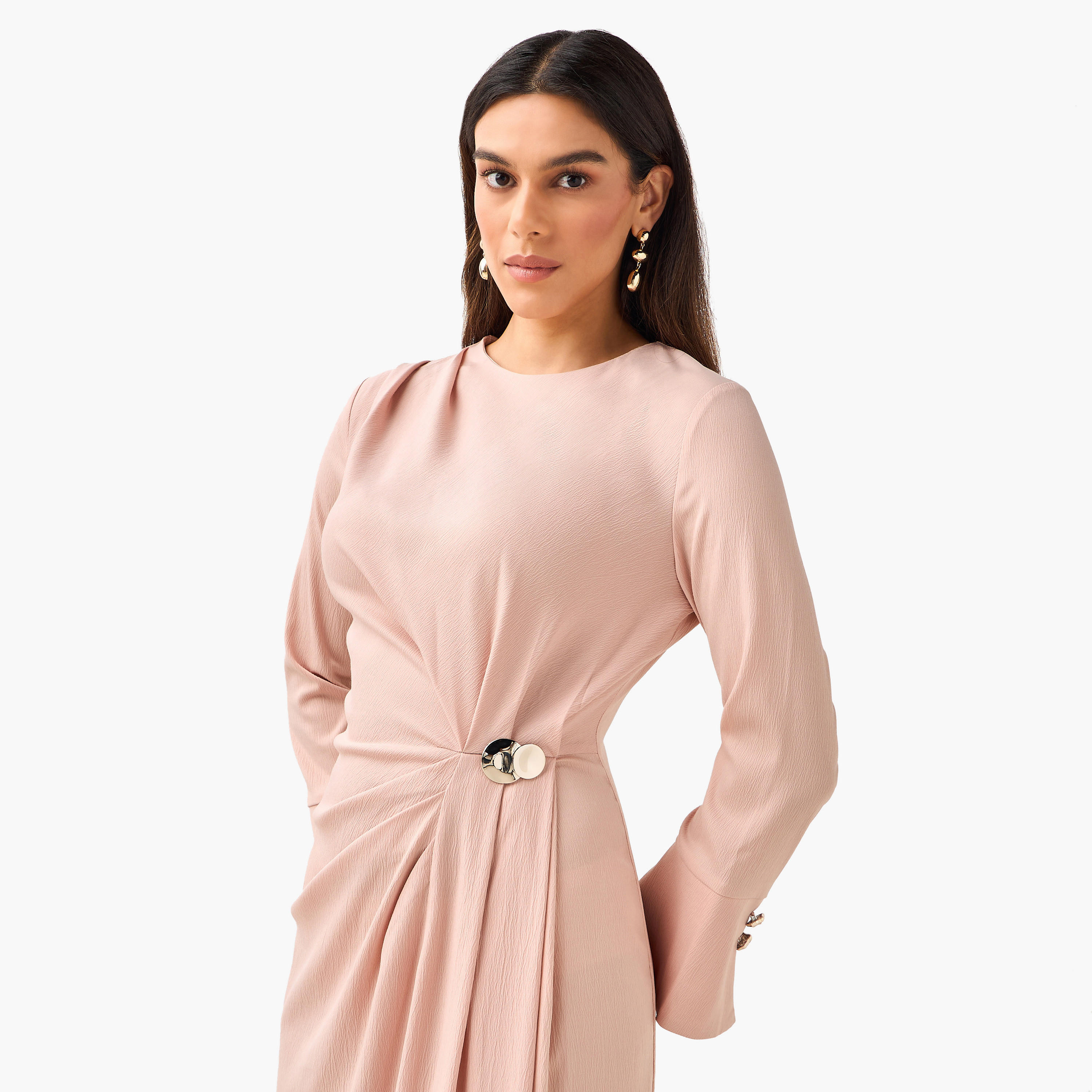 A-line Midi Dress with Draped Design-women-clothing-dresses-image-5