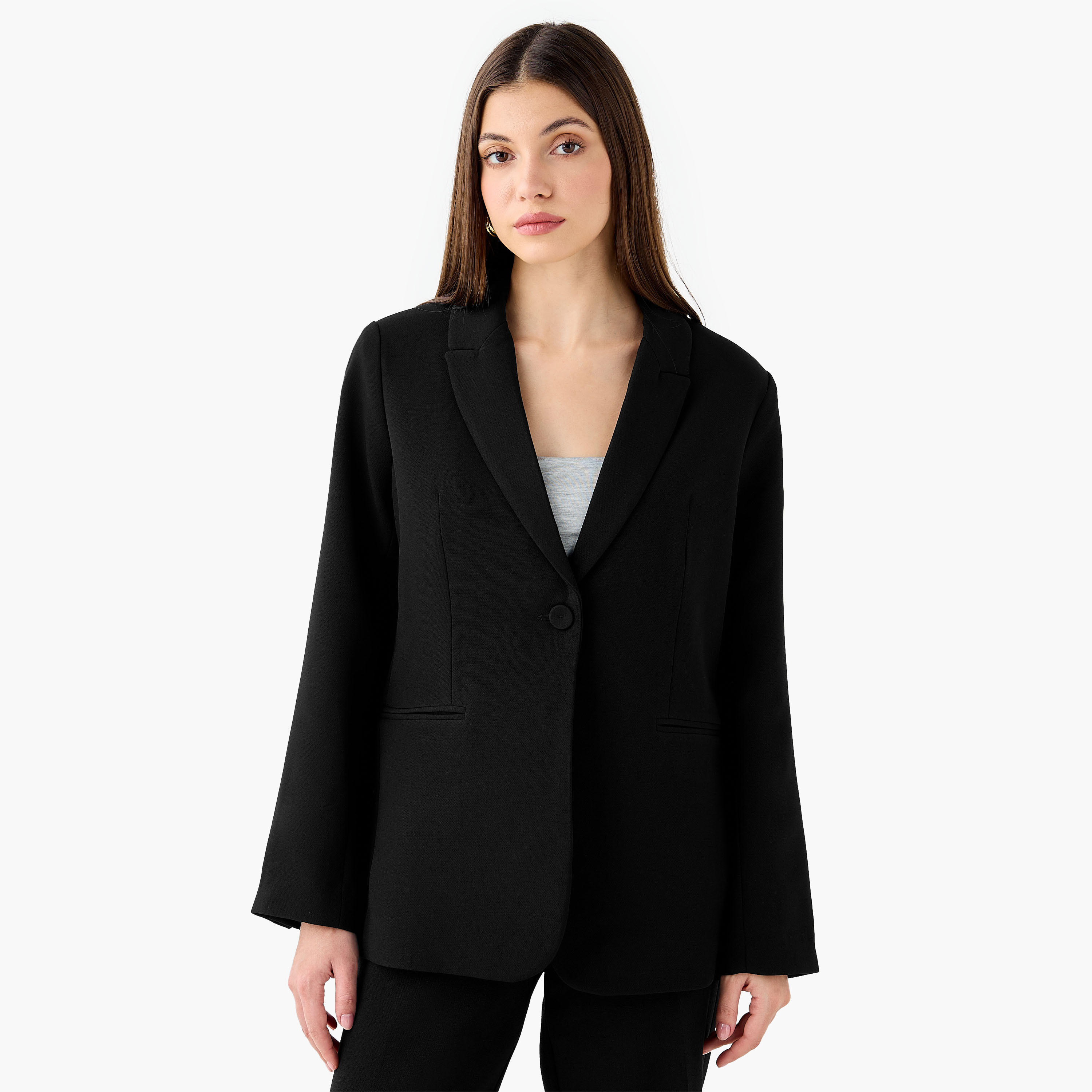 بليزر عادي بزر واحد وياقة مطوية-women-clothing-coatsandjackets-blazers-image-2