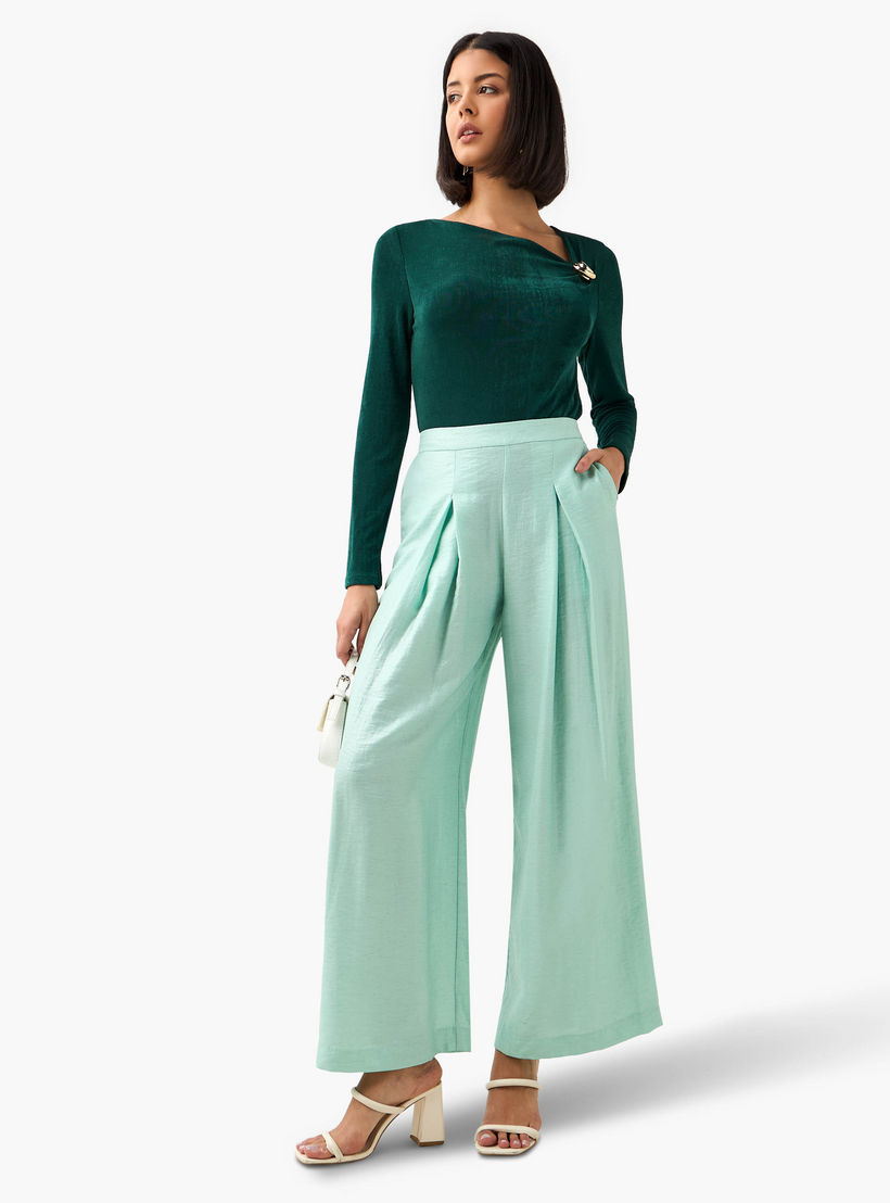 بنطلون واسع الساقين بكسرات ولون سادة-women-clothing-bottoms-trousers-image-1
