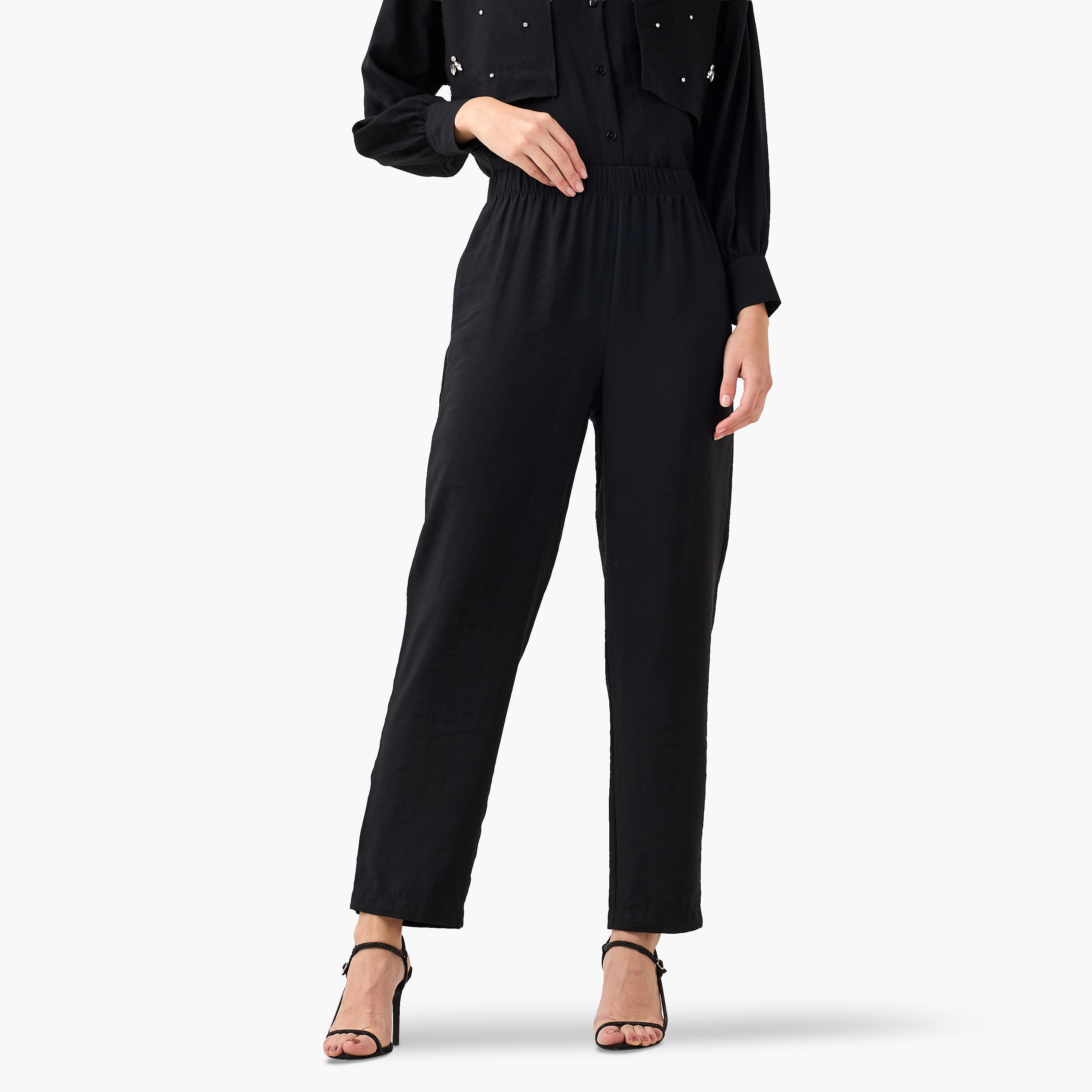بنطلون بقصة مريحة وخصر مطاطي-women-clothing-coordsets-image-2