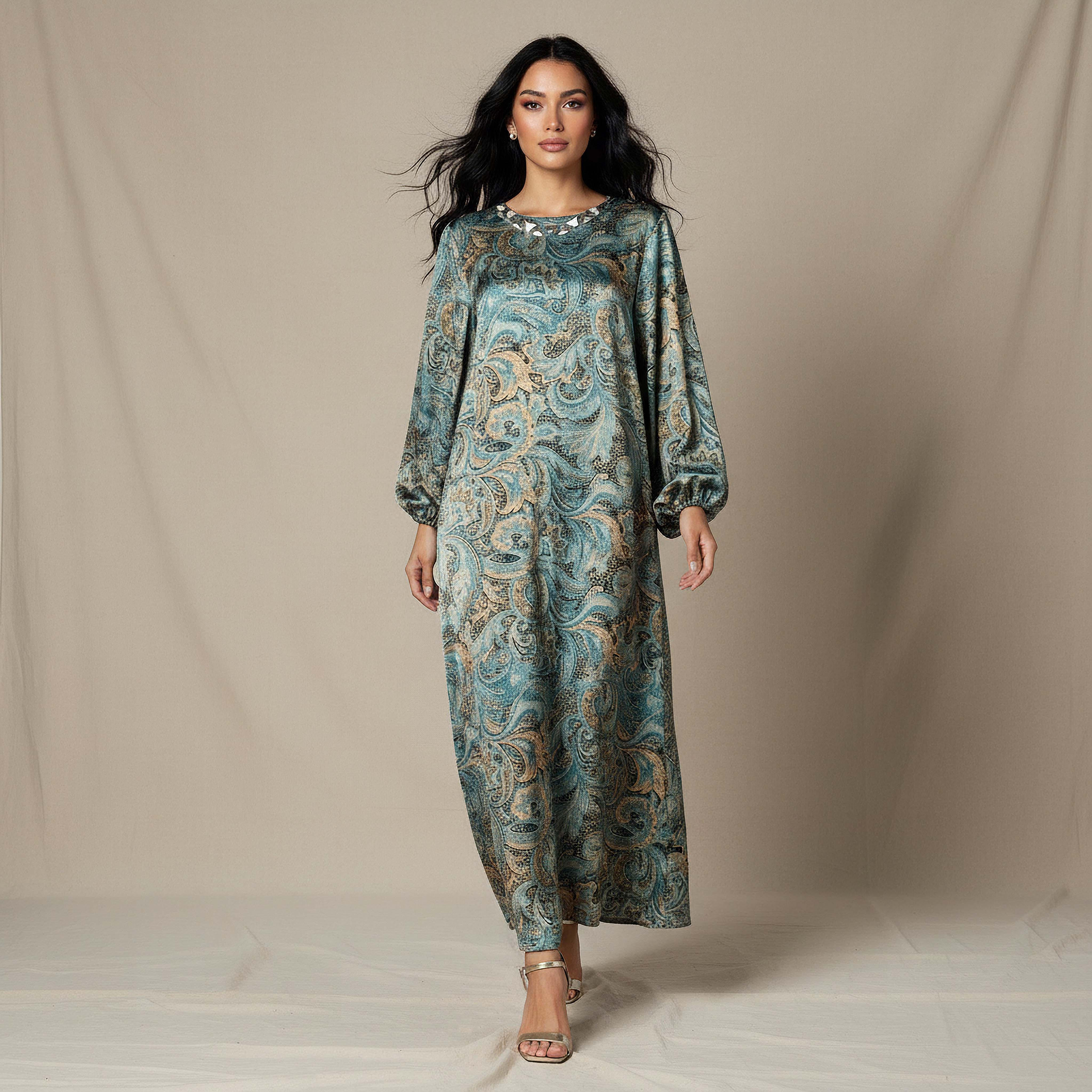 فستان ميدي إيه لاين بطبعات بيزلي وتفاصيل تزيينات-women-clothing-dresses-image-1