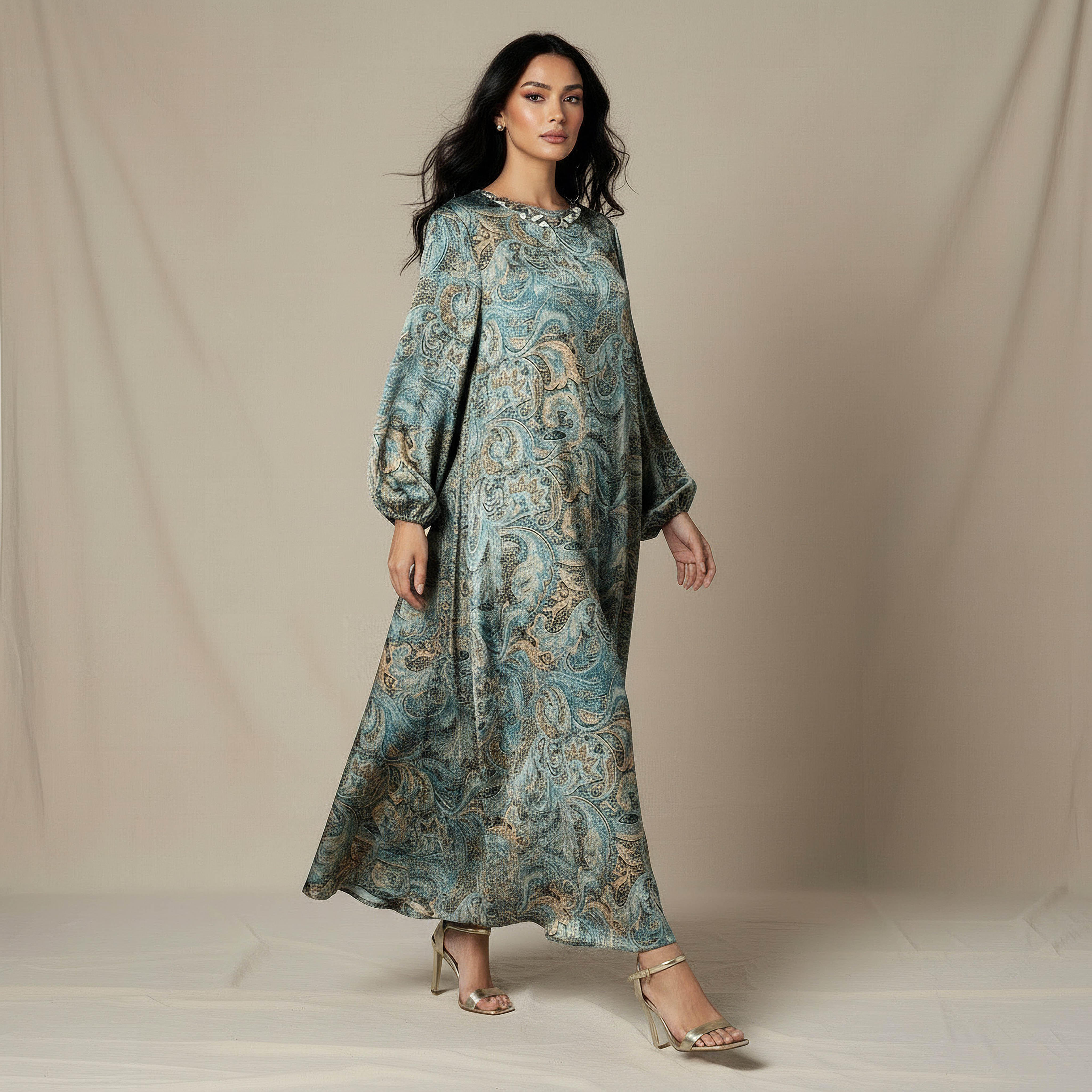 فستان ميدي إيه لاين بطبعات بيزلي وتفاصيل تزيينات-women-clothing-dresses-image-2
