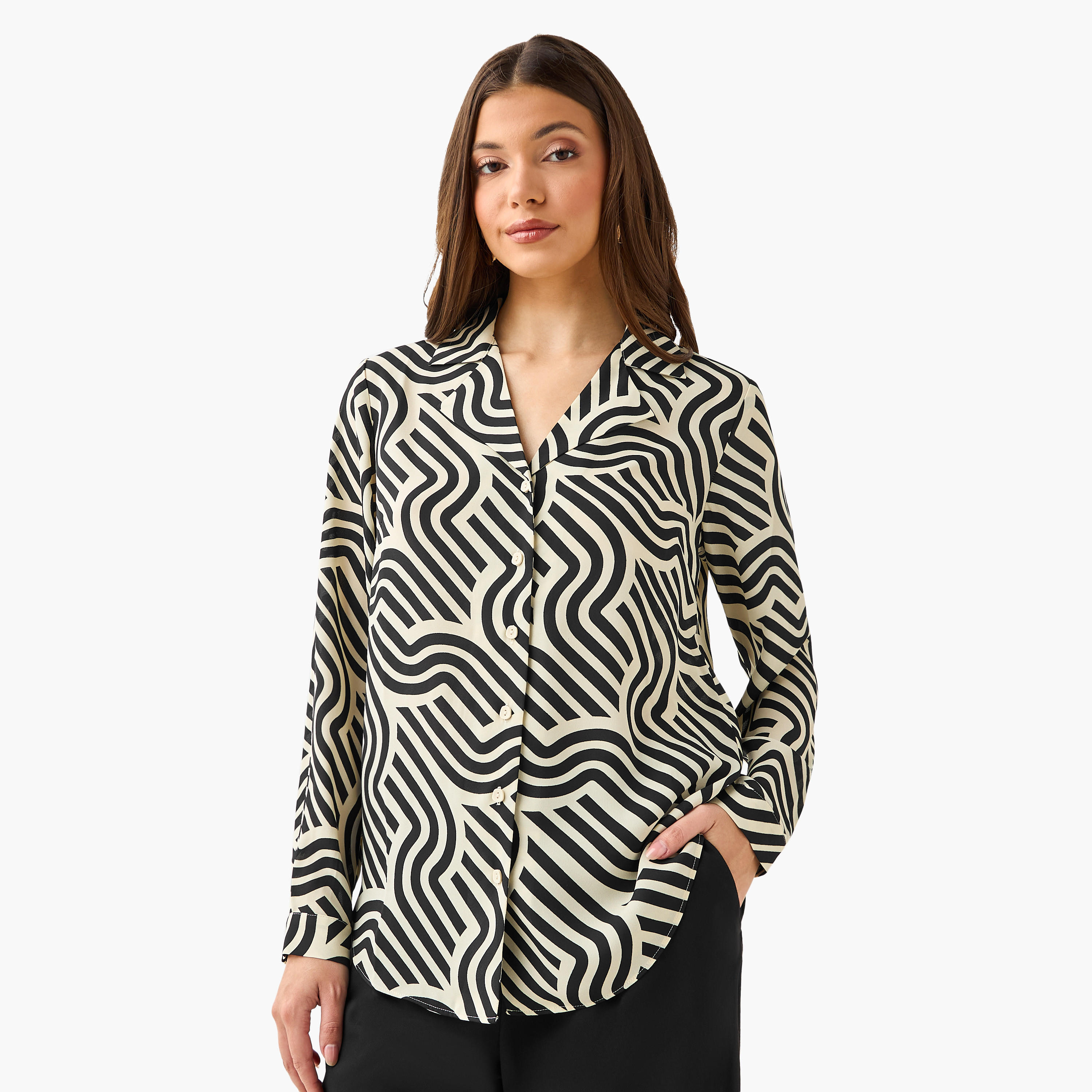 Abstract Print Shirt with Notch Collar-women-clothing-shirtsandblouses-shirts-image-2