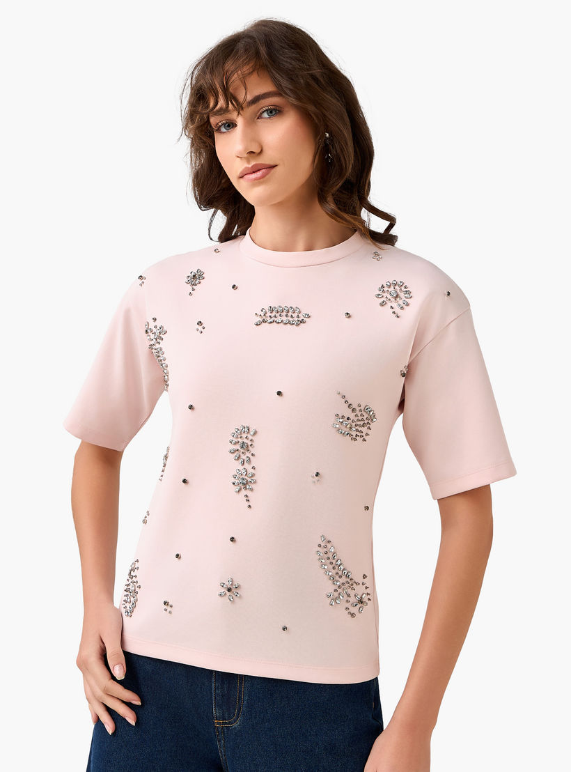 Regular Fit T-shirt with Rhinestone Embellishments-women-clothing-tshirts-image-2