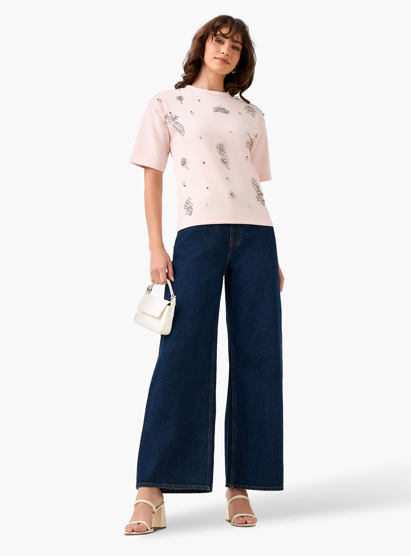 Regular Fit T-shirt with Rhinestone Embellishments-women-clothing-tshirts-image-3