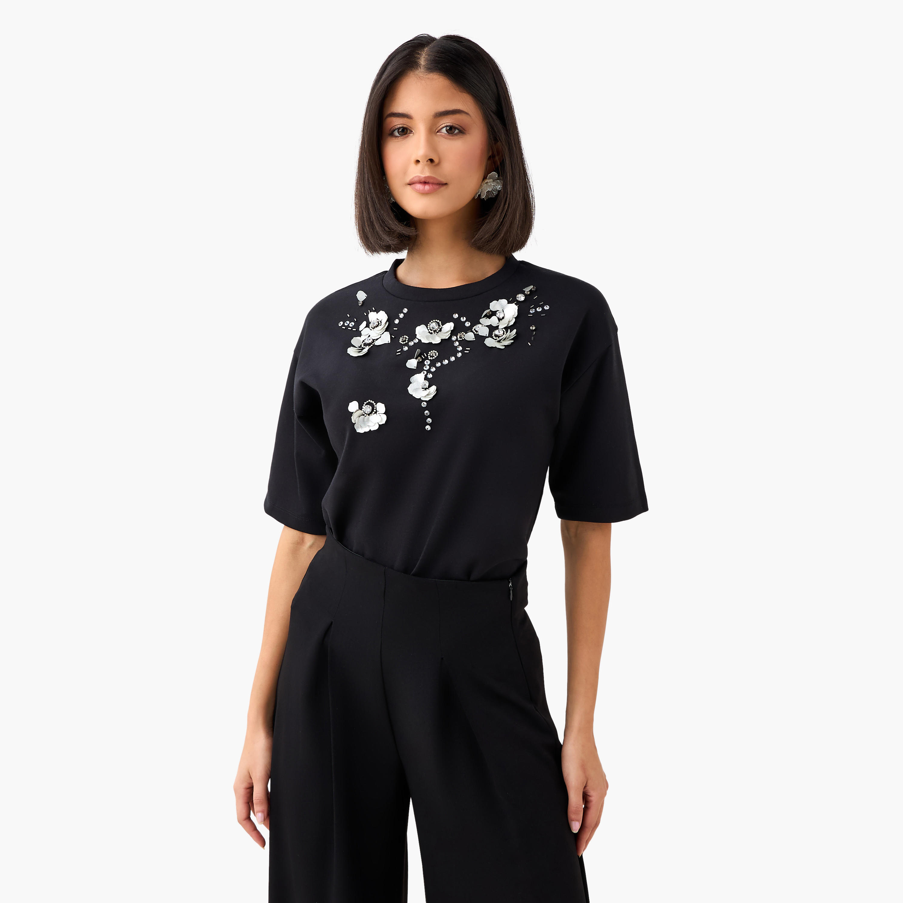 Regular Fit T-shirt with Floral Embellishments-women-clothing-tshirts-image-2
