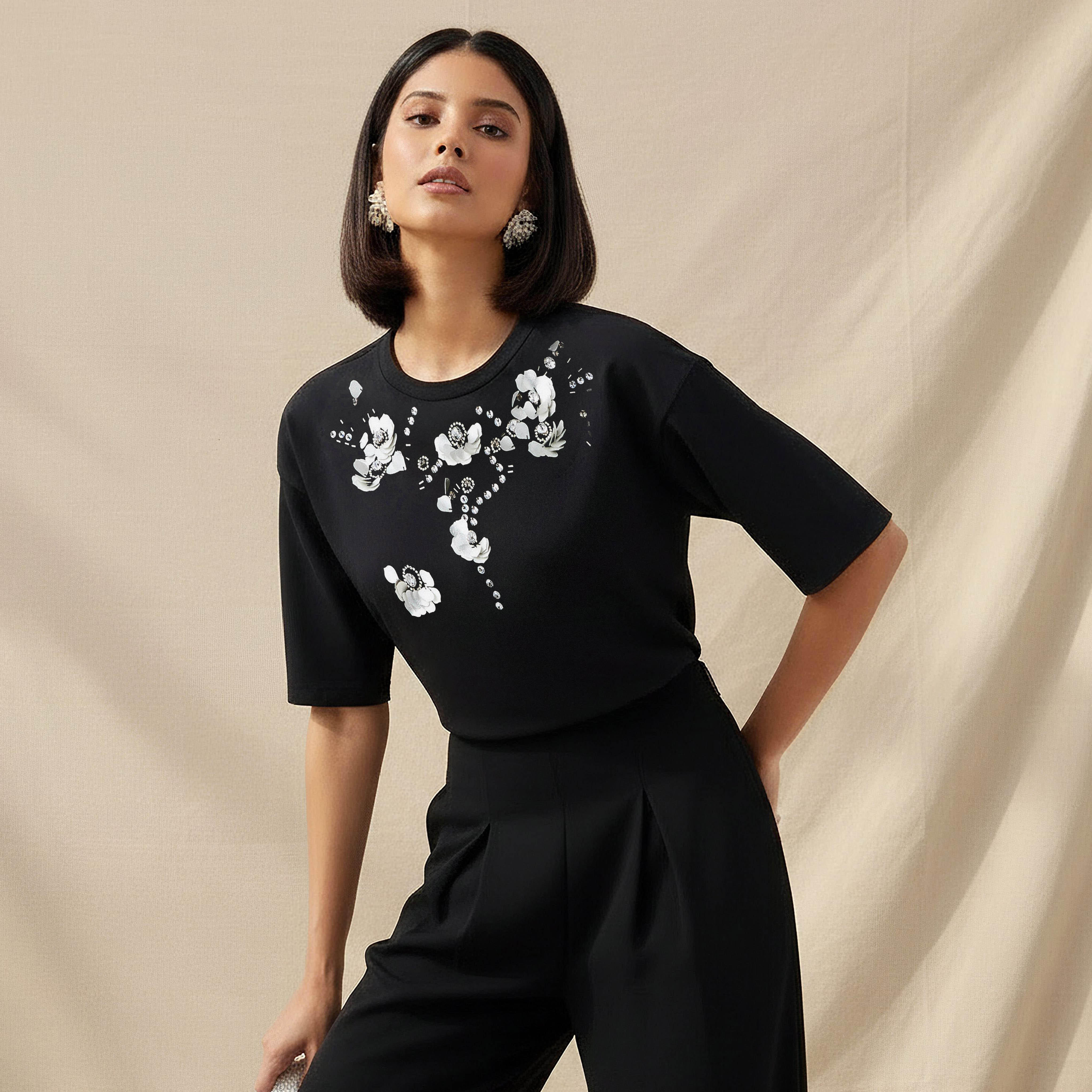 Regular Fit T-shirt with Floral Embellishments-women-clothing-tshirts-image-1