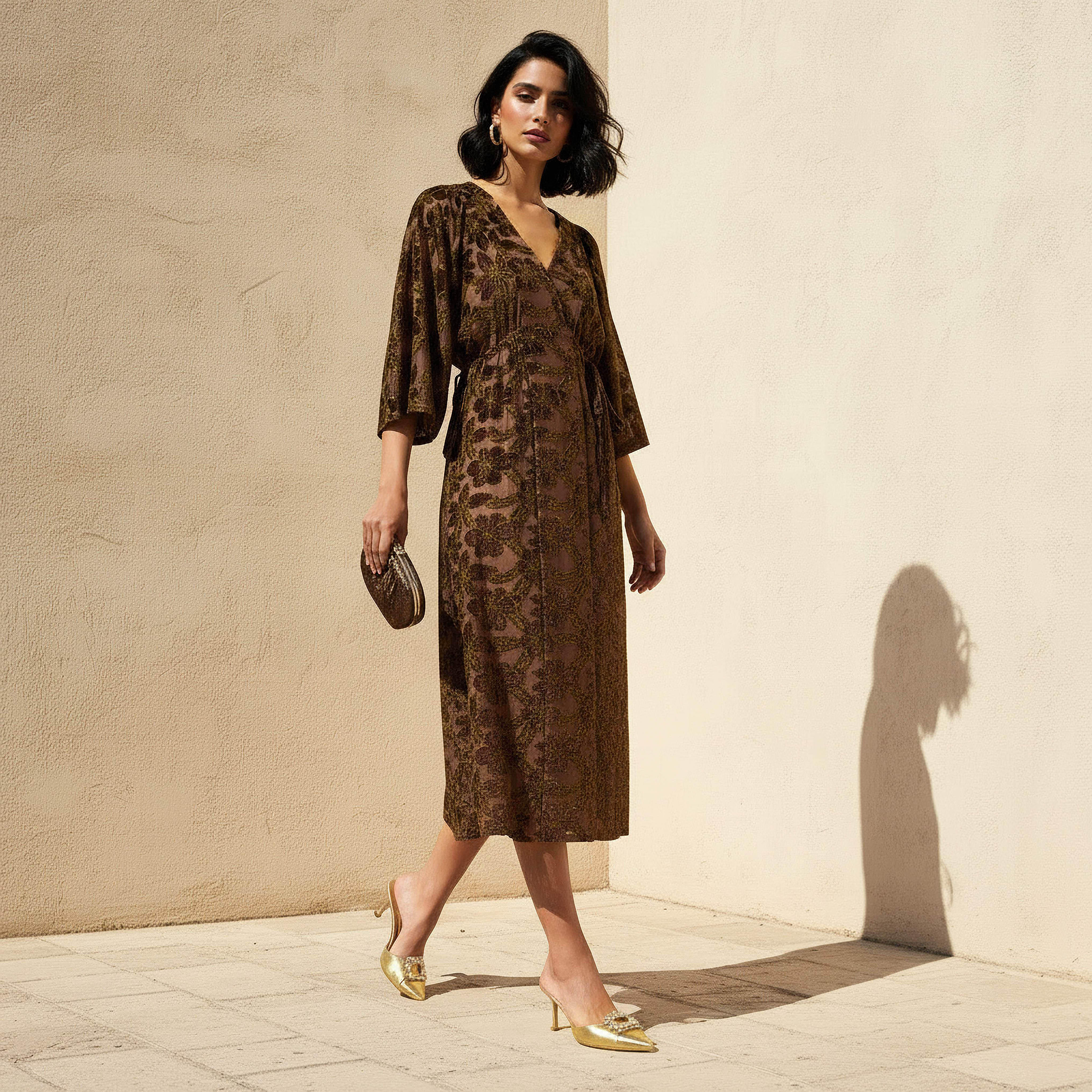 Floral Jacquard Linen Blend Dress with V-neck-women-clothing-dresses-image-1