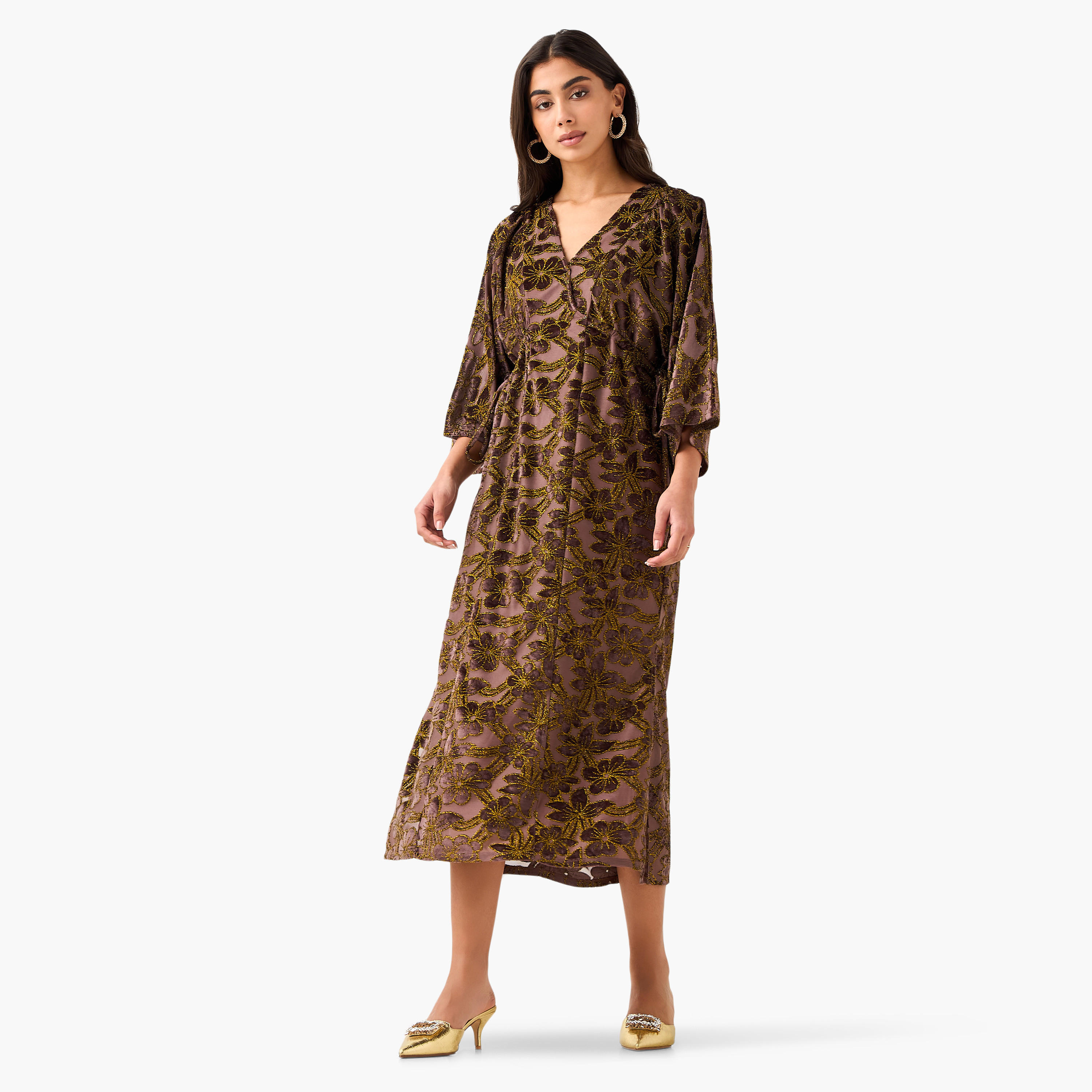Floral Jacquard Linen Blend Dress with V-neck-women-clothing-dresses-image-3