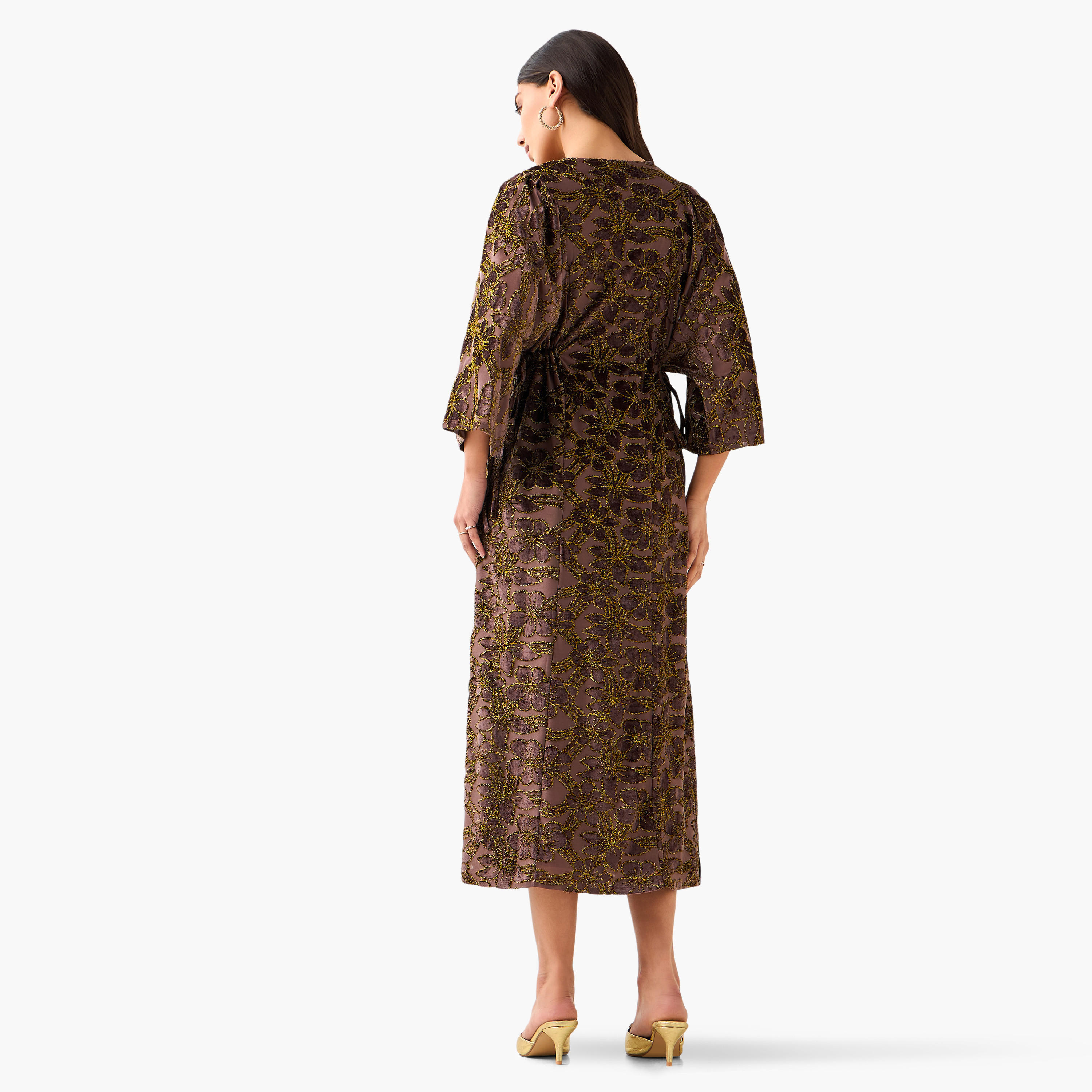 Floral Jacquard Linen Blend Dress with V-neck-women-clothing-dresses-image-4