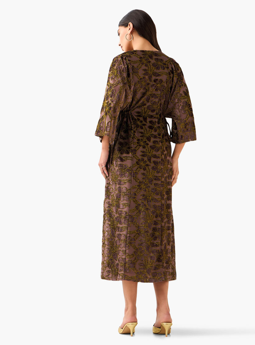 Floral Jacquard Linen Blend Dress with V-neck-women-clothing-dresses-image-4