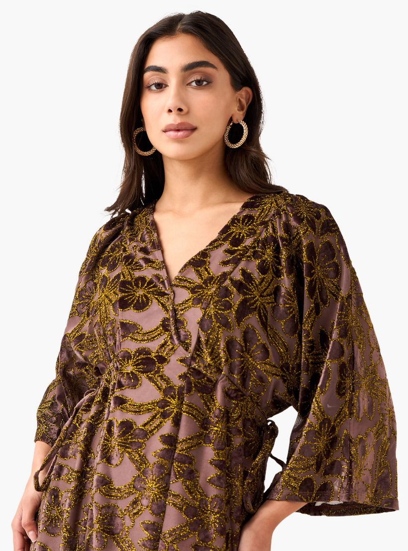Floral Jacquard Linen Blend Dress with V-neck-women-clothing-dresses-image-5