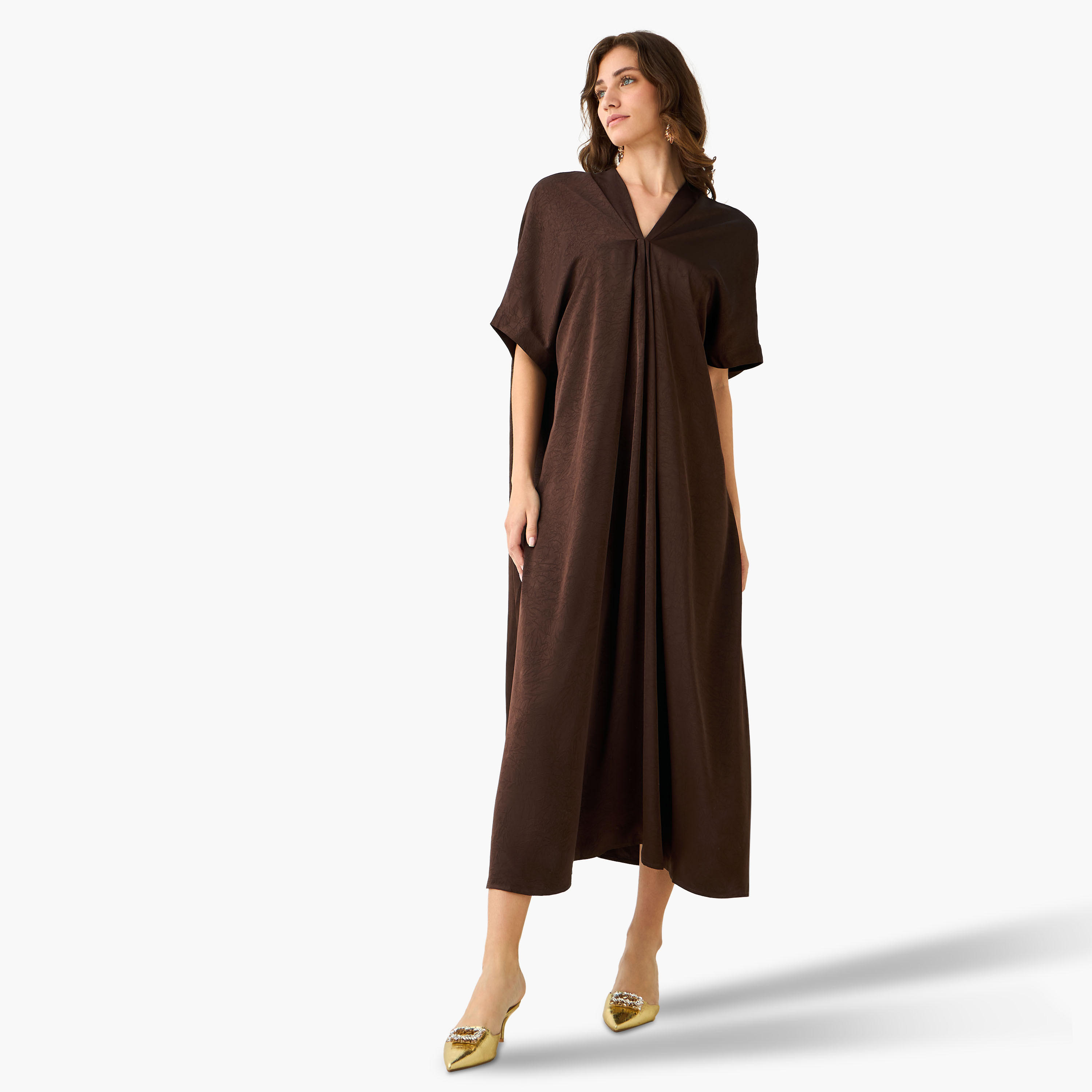 فستان قفطان ماكسي بارز الملمس بياقة V وتفاصيل كشكش-women-clothing-dresses-image-3