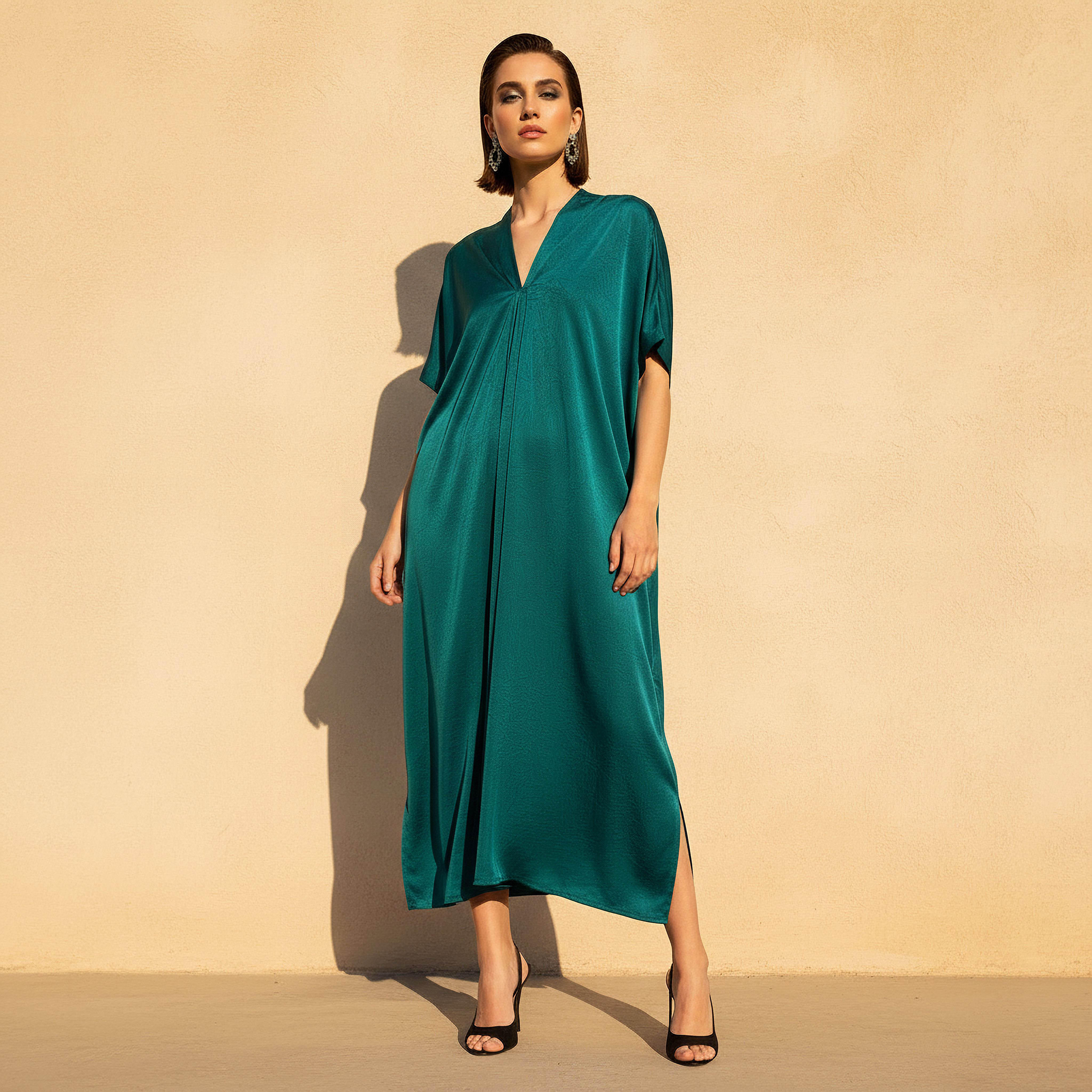 فستان قفطان ماكسي بارز الملمس بياقة V وتفاصيل كشكش-women-clothing-dresses-image-2