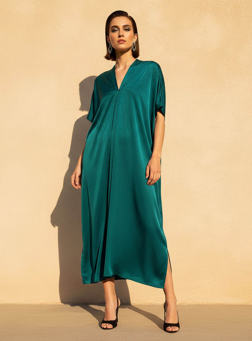 فستان قفطان ماكسي بارز الملمس بياقة V وتفاصيل كشكش-women-clothing-dresses-image-2