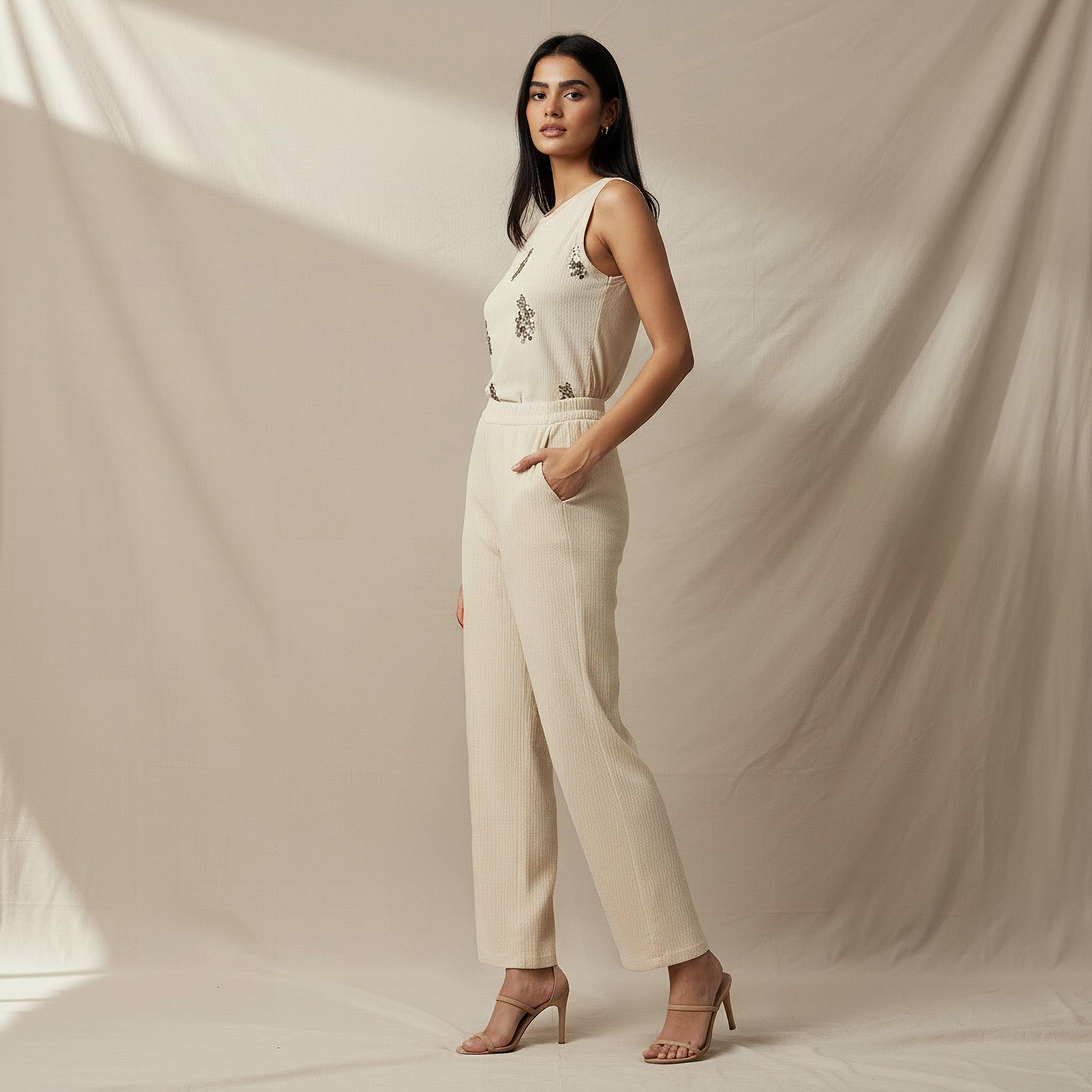 بنطلون بارز الملمس بقصة عادية وخصر مطاطي-women-clothing-coordsets-image-2