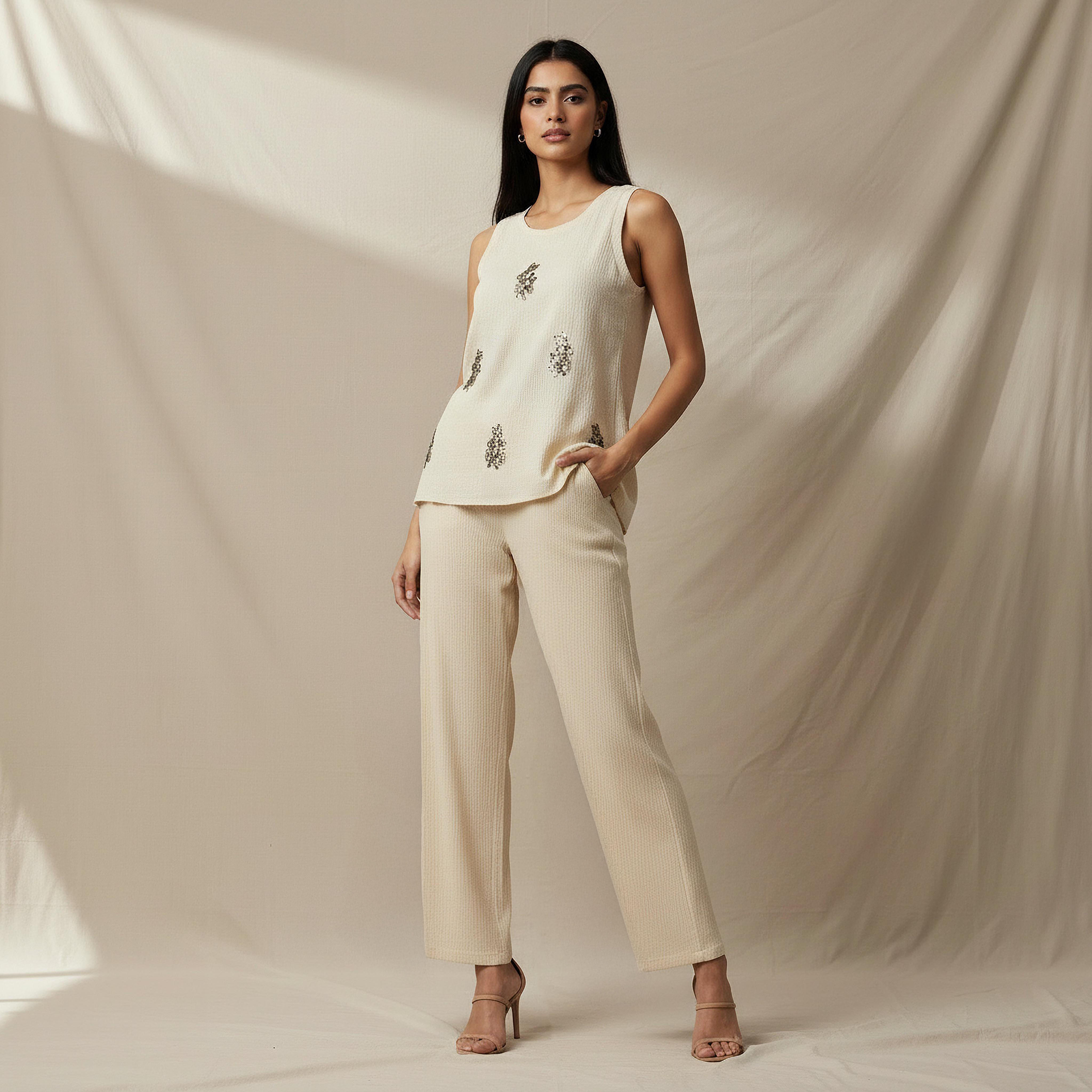 بنطلون بارز الملمس بقصة عادية وخصر مطاطي-women-clothing-coordsets-image-5