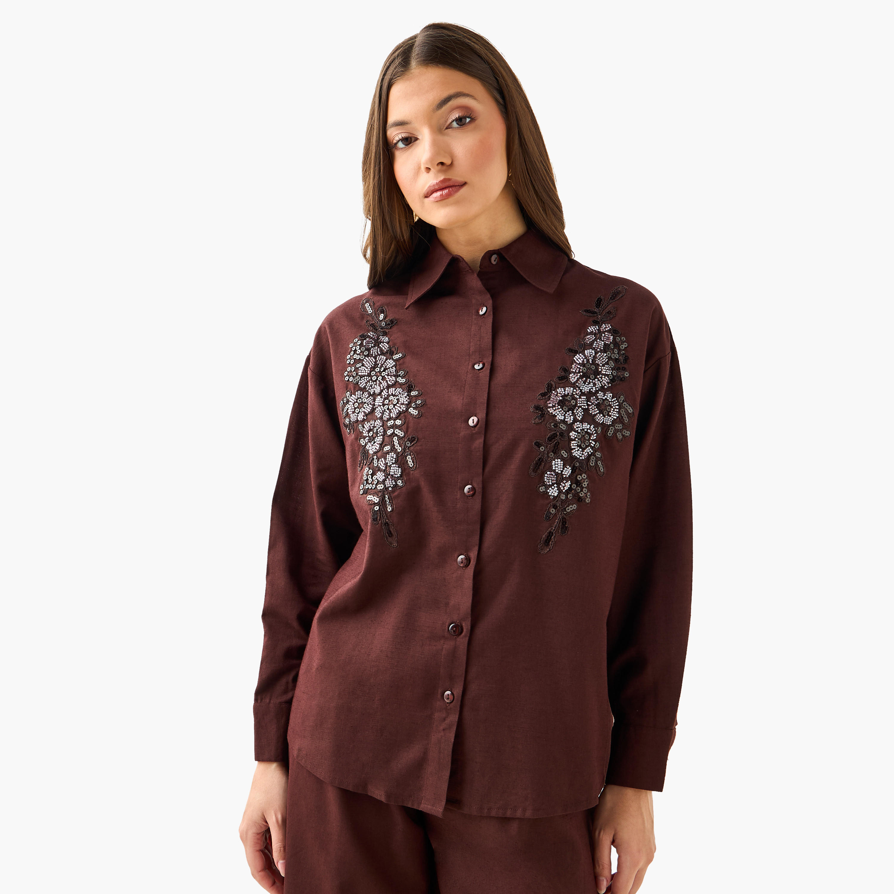Shirt with Floral Embroidery and Embellishment-women-clothing-shirtsandblouses-shirts-image-3