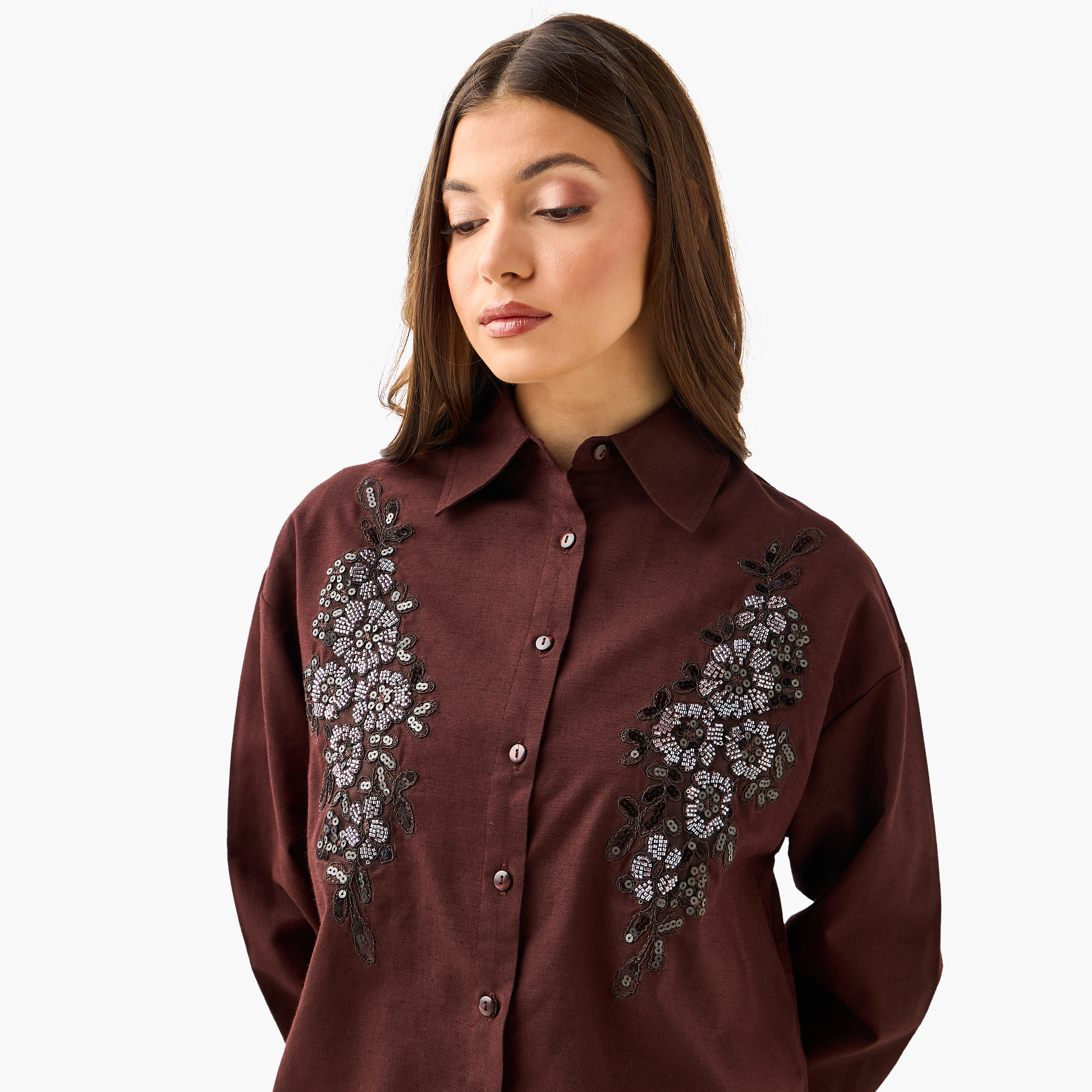Shirt with Floral Embroidery and Embellishment-women-clothing-shirtsandblouses-shirts-image-7