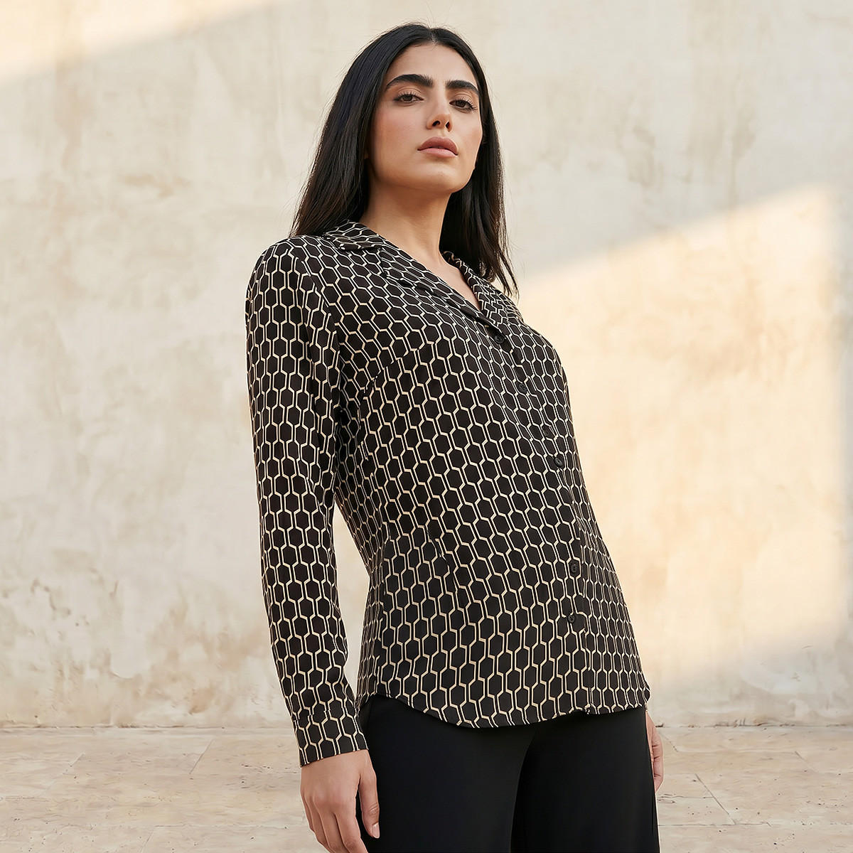 Regular Fit  High-Low Shirt with Notch Collar-women-clothing-shirtsandblouses-shirts-image-1