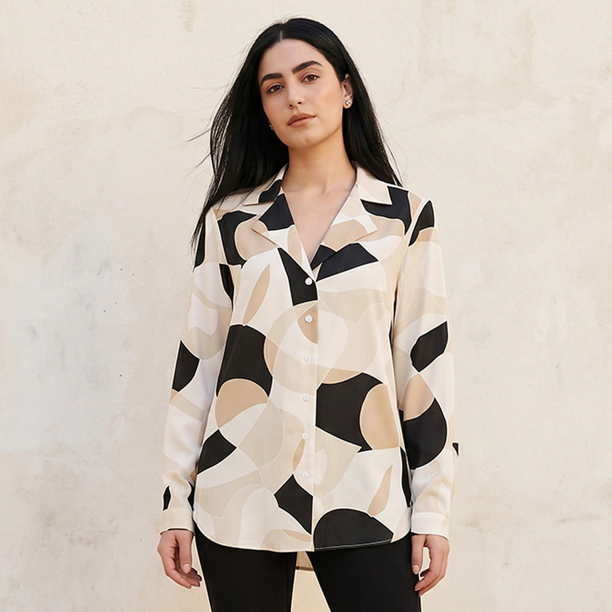 Regular Fit  High-Low Shirt with Notch Collar-women-clothing-shirtsandblouses-shirts-image-1