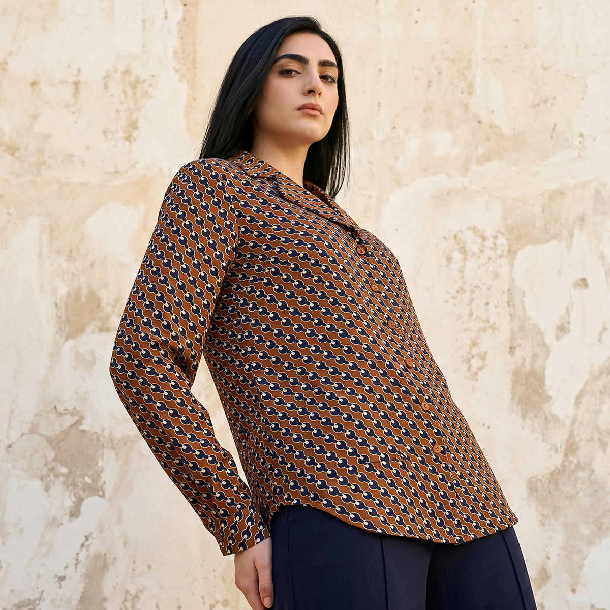 Regular Fit  High-Low Shirt with Notch Collar-women-clothing-shirtsandblouses-shirts-image-1