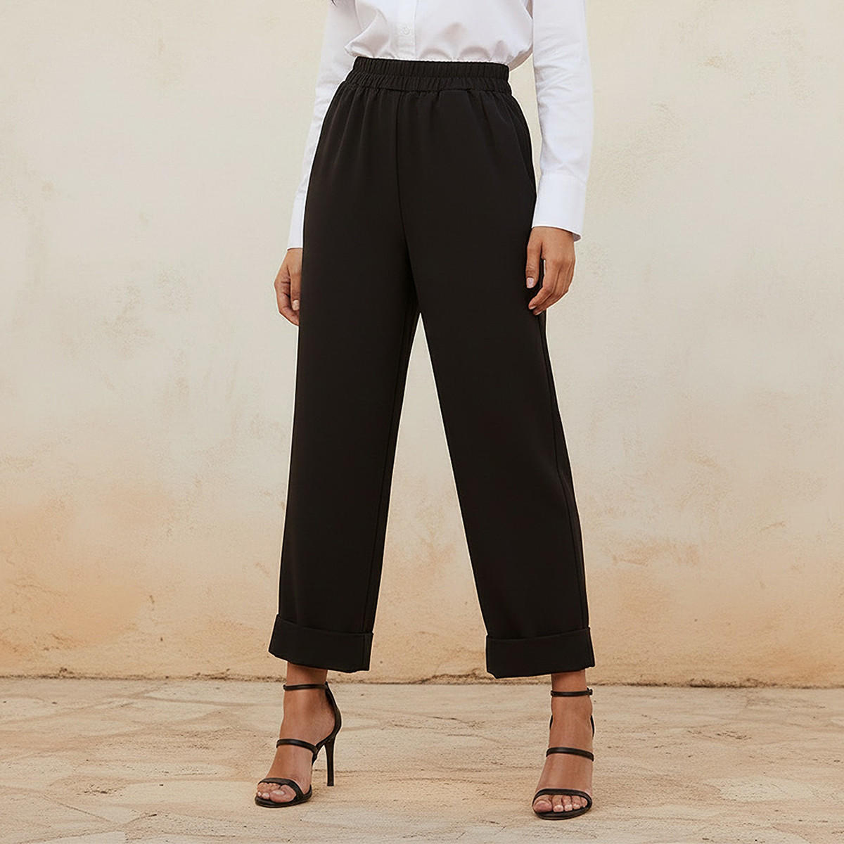 Elasticated Waist Turn Up Trousers-women-clothing-bottoms-trousers-image-1