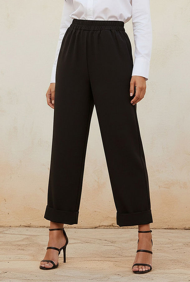 Elasticated Waist Turn Up Trousers-women-image-1