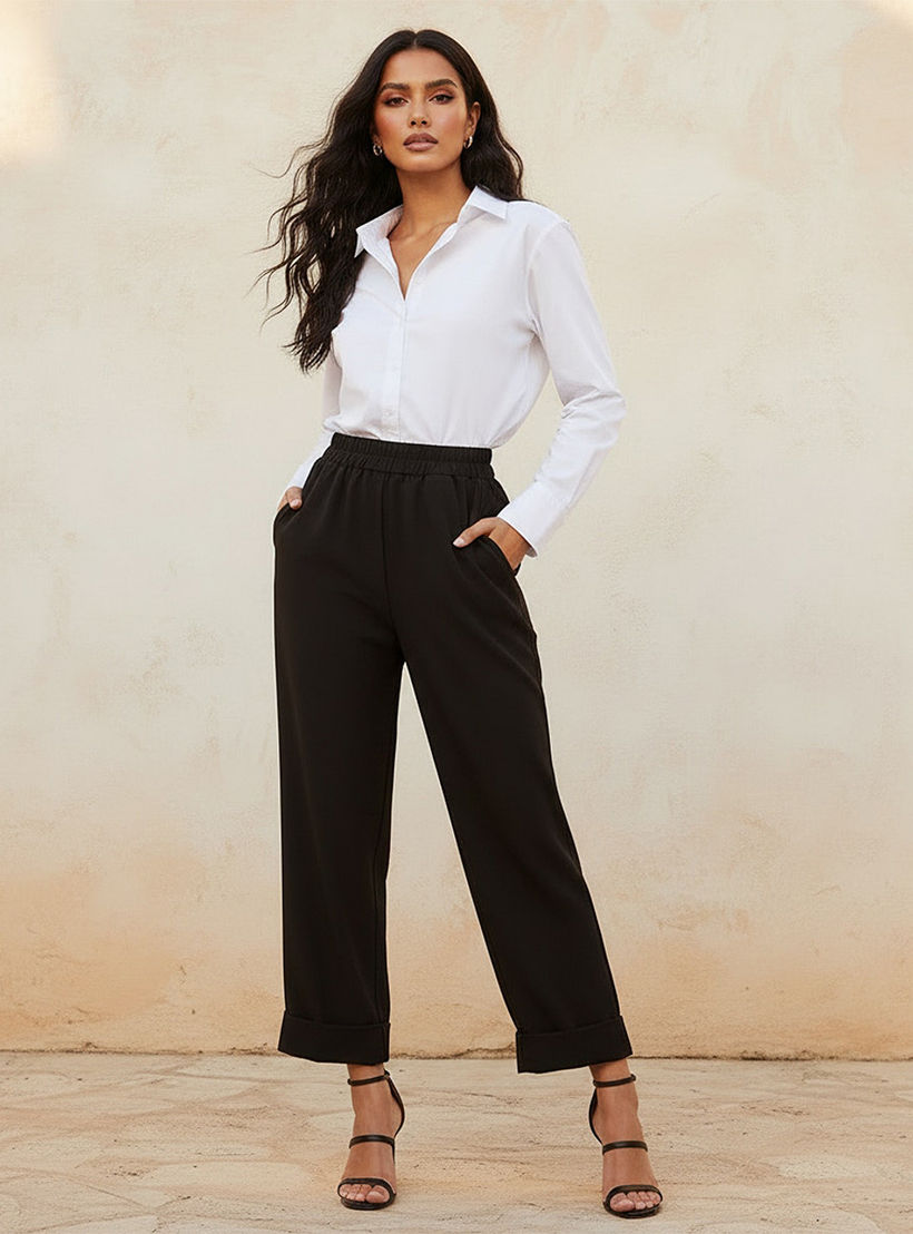 Elasticated Waist Turn Up Trousers-women-clothing-bottoms-trousers-image-3