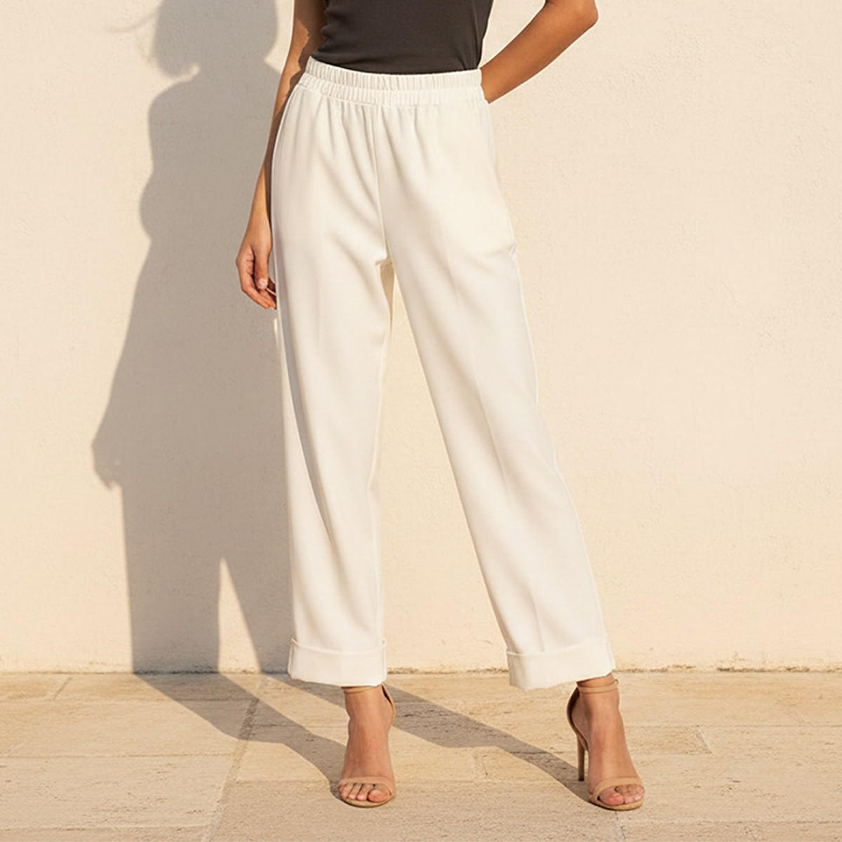 Elasticated Waist Turn Up Trousers-women-clothing-bottoms-trousers-image-1