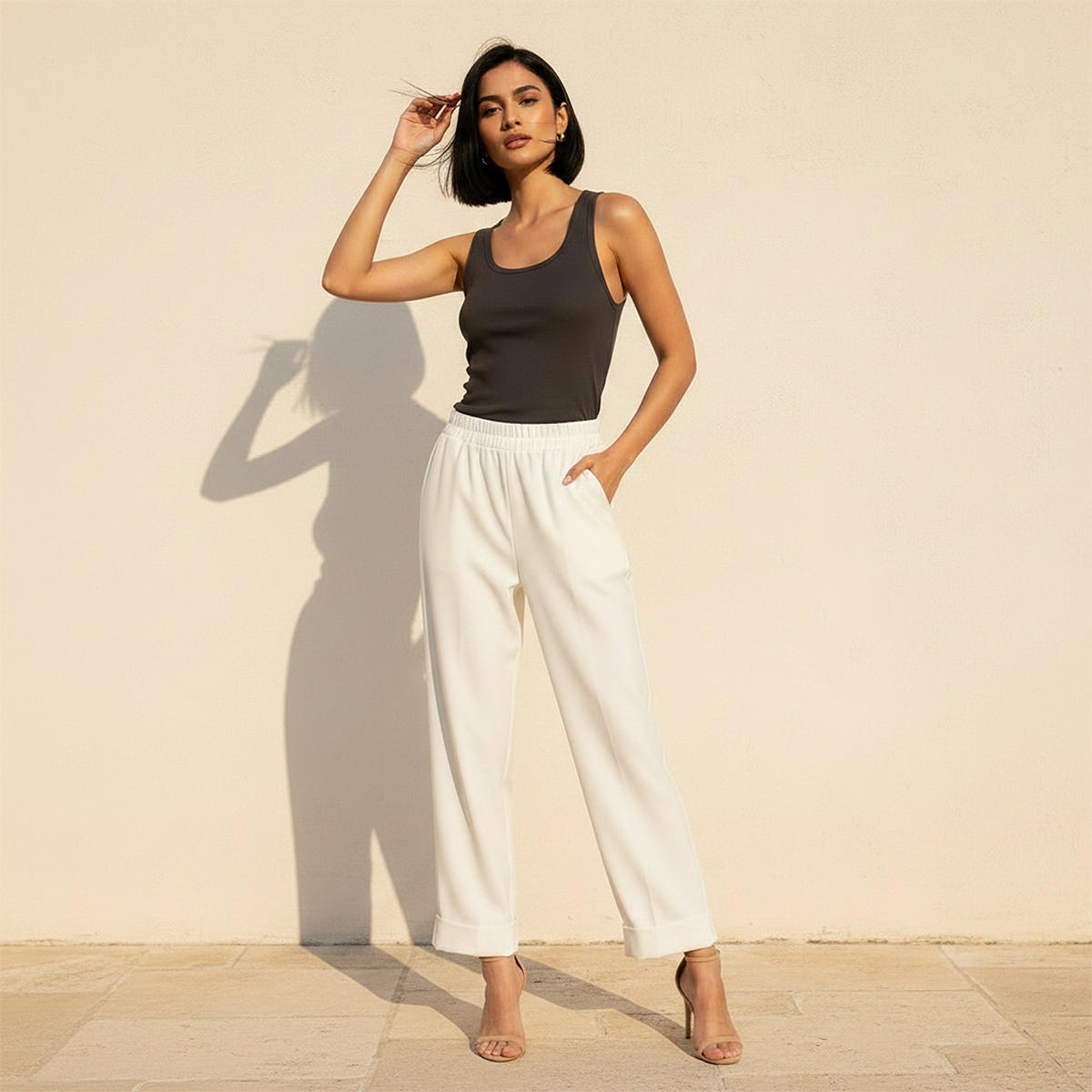 Elasticated Waist Turn Up Trousers-women-clothing-bottoms-trousers-image-3