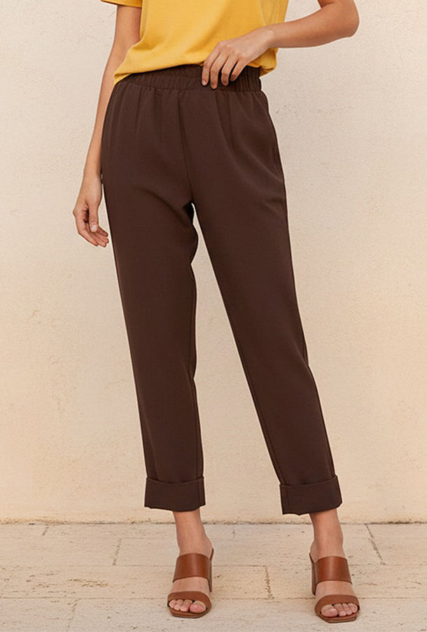 Elasticated Waist Turn Up Trousers-women-image-1