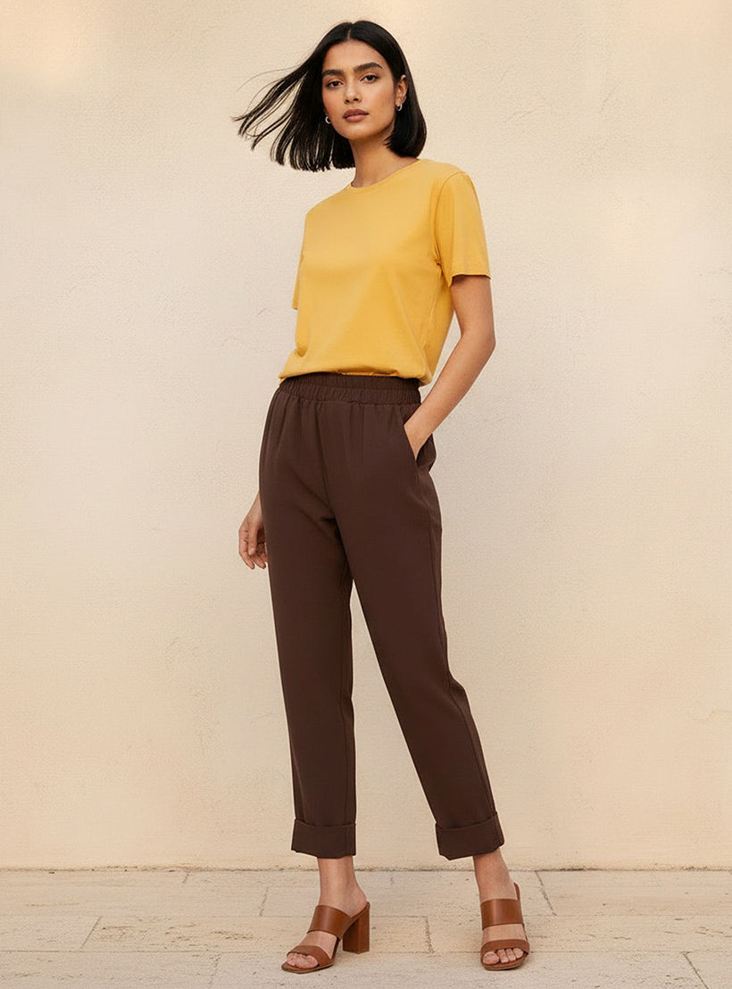 Elasticated Waist Turn Up Trousers-women-clothing-bottoms-trousers-image-3