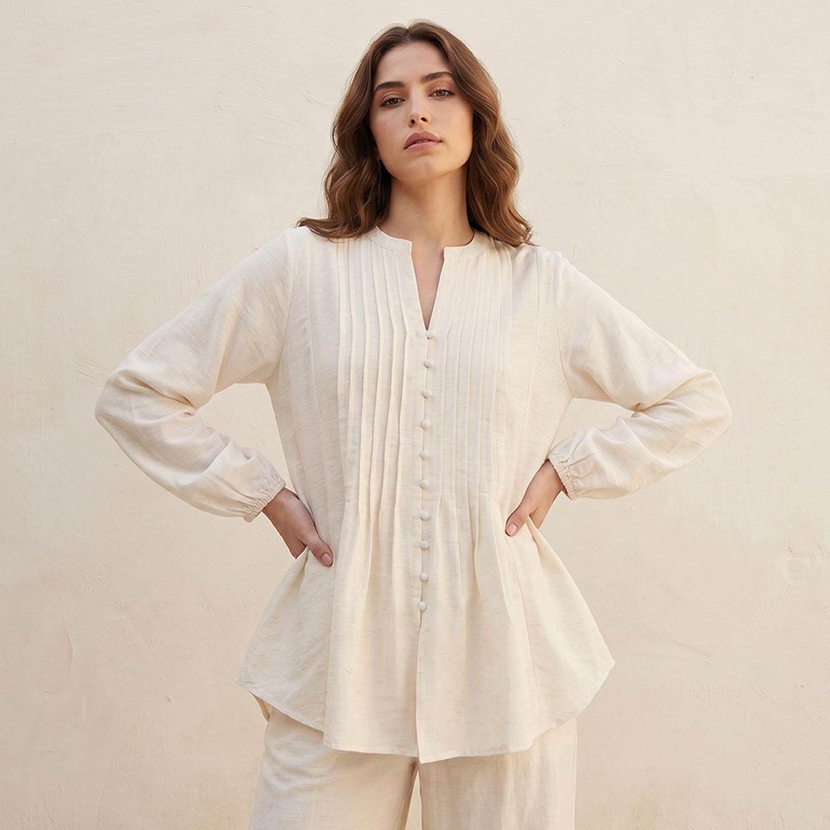 بلوزة كتان بطيات-women-clothing-coordsets-image-1