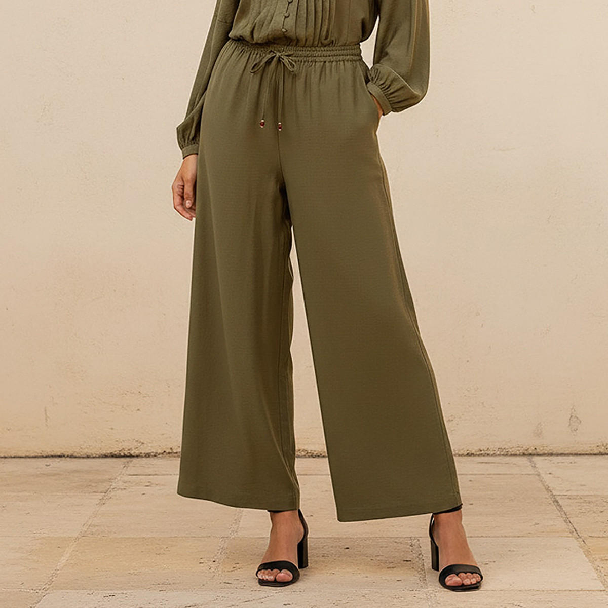 Straight Fit Drawstring Waist Linen Pants-women-clothing-coordsets-image-1