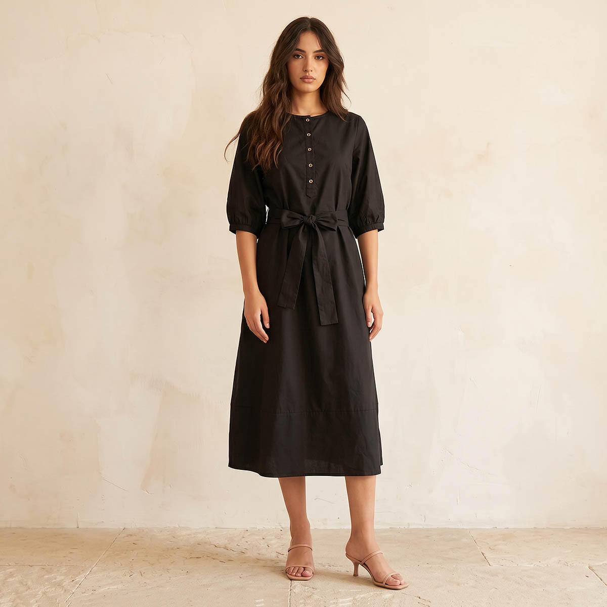 A-line Midi Poplin Dress with Tie-Up Belt-women-clothing-dresses-image-1