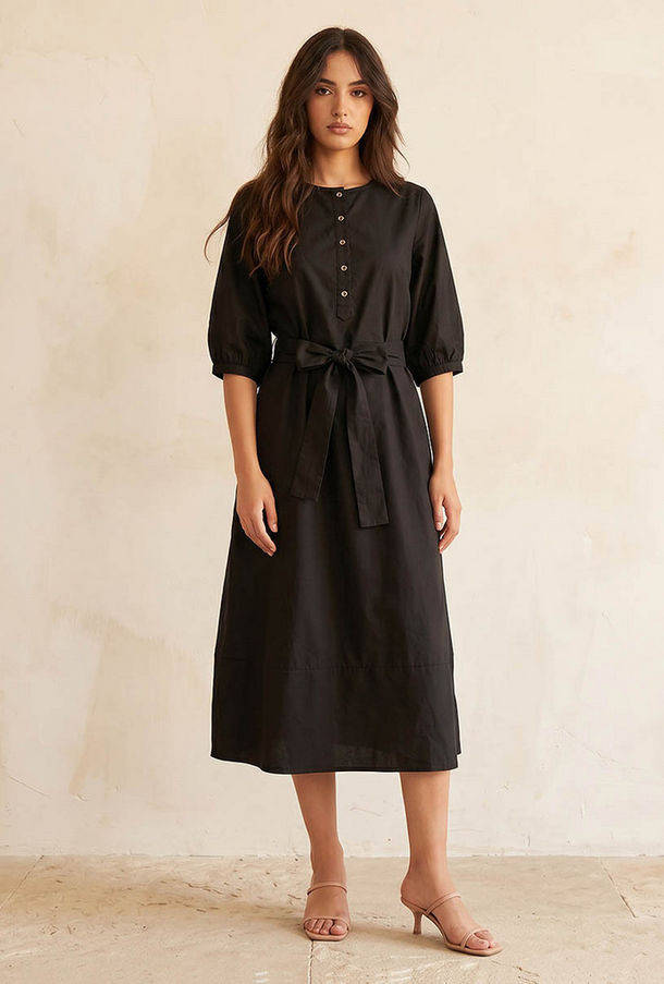 A-line Midi Poplin Dress with Tie-Up Belt-women-image-1