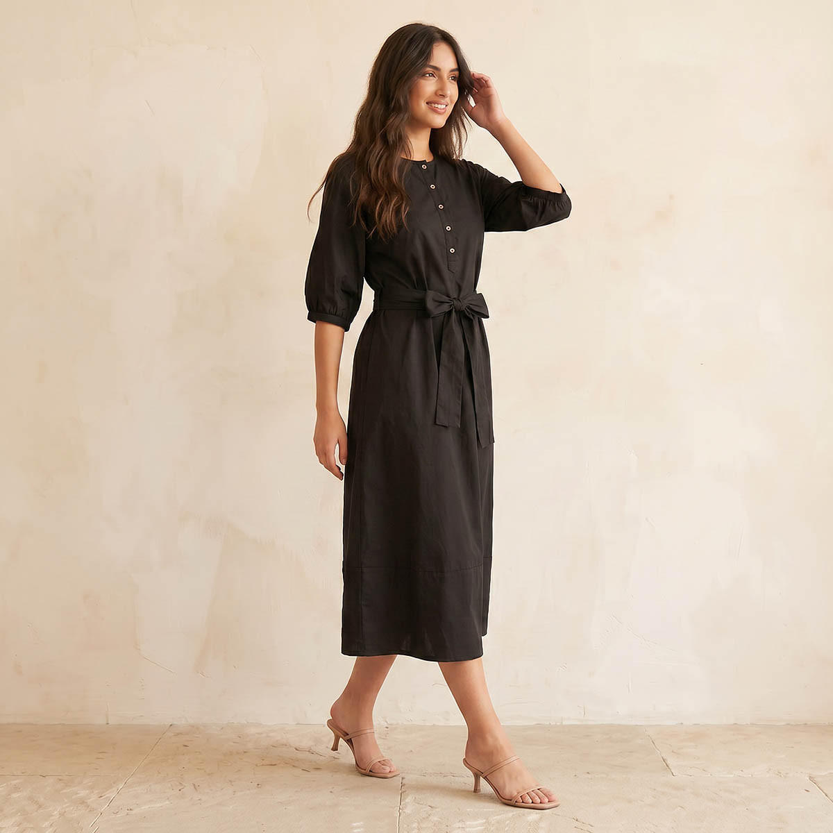 A-line Midi Poplin Dress with Tie-Up Belt-women-clothing-dresses-image-3