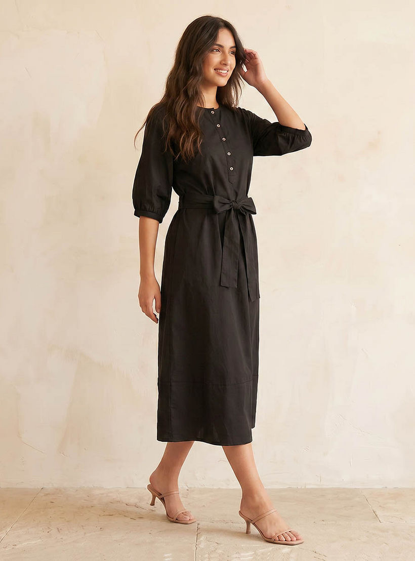 A-line Midi Poplin Dress with Tie-Up Belt-women-clothing-dresses-image-3