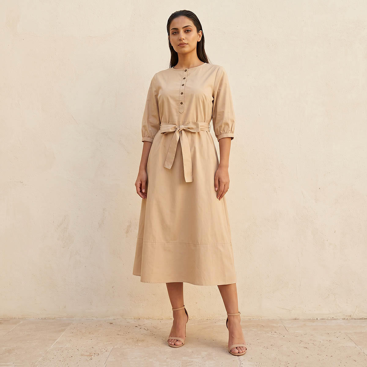 فستان ميدي بوبلين بقصة إيه لاين وحزام رباط-women-clothing-dresses-image-1