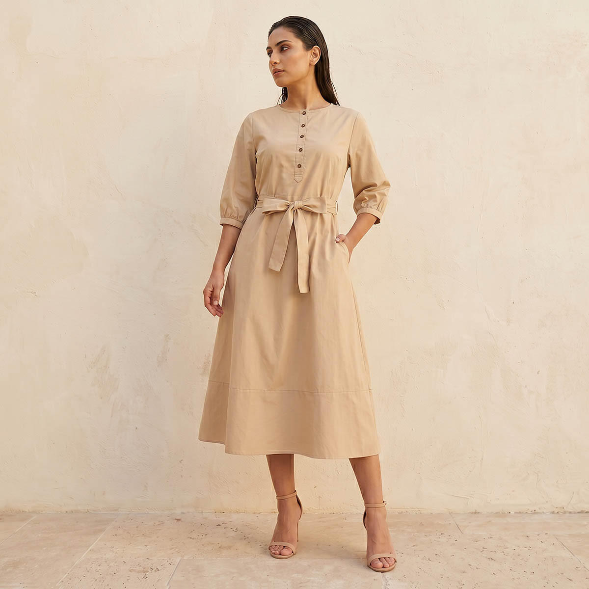 فستان ميدي بوبلين بقصة إيه لاين وحزام رباط-women-clothing-dresses-image-3