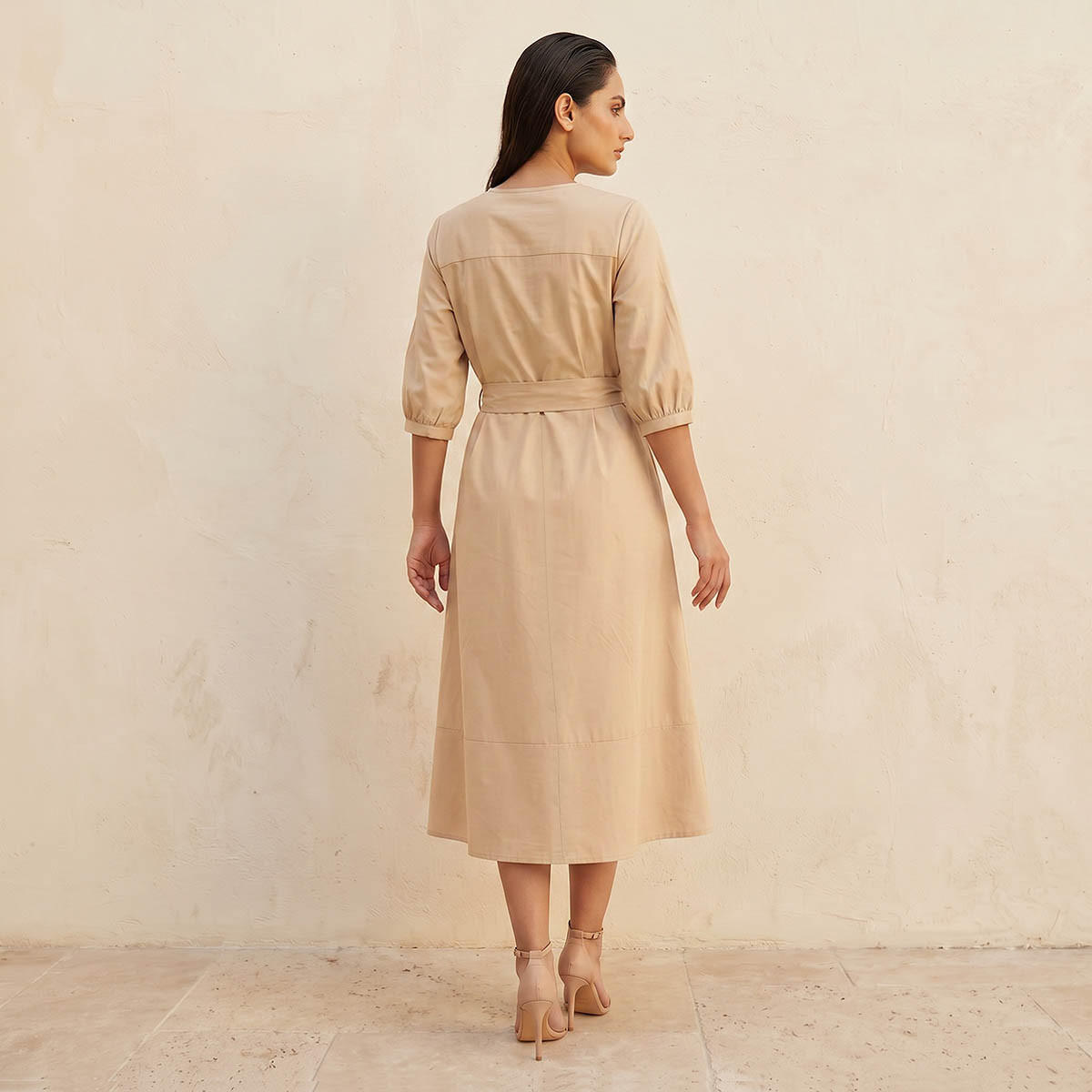 فستان ميدي بوبلين بقصة إيه لاين وحزام رباط-women-clothing-dresses-image-4