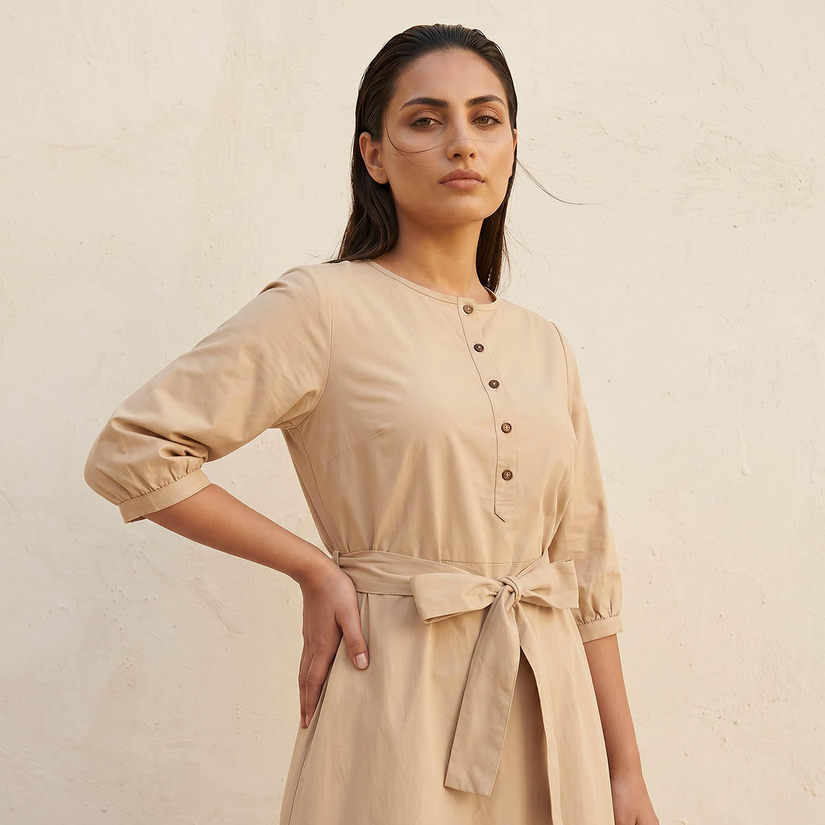 فستان ميدي بوبلين بقصة إيه لاين وحزام رباط-women-clothing-dresses-image-5