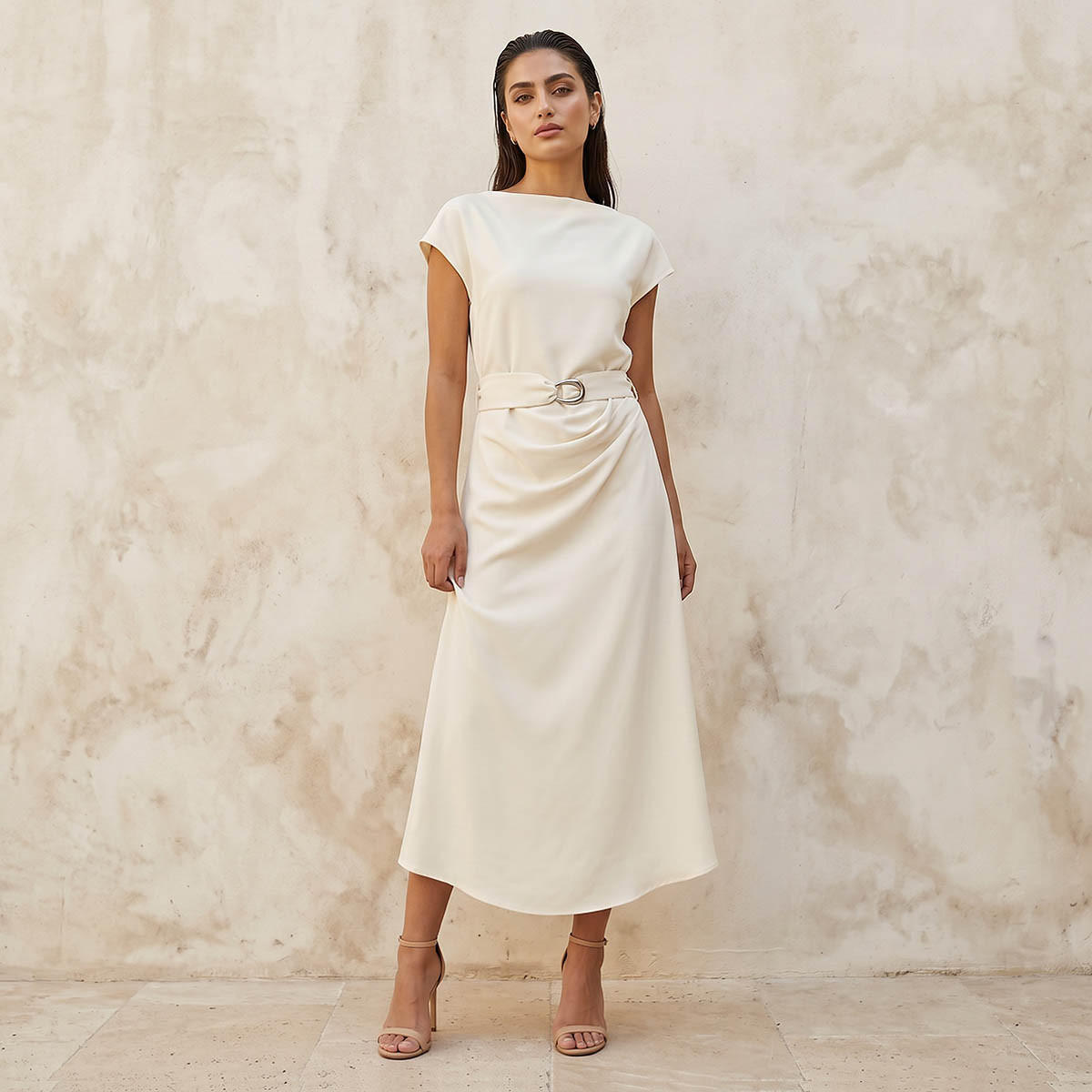 Midi Drape Dress with Cinched Waist-women-clothing-dresses-image-1
