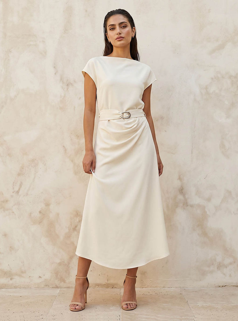 Midi Drape Dress with Cinched Waist-women-clothing-dresses-image-1