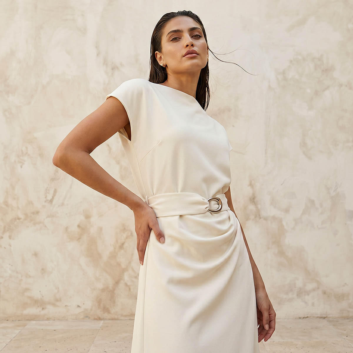 Midi Drape Dress with Cinched Waist-women-clothing-dresses-image-5
