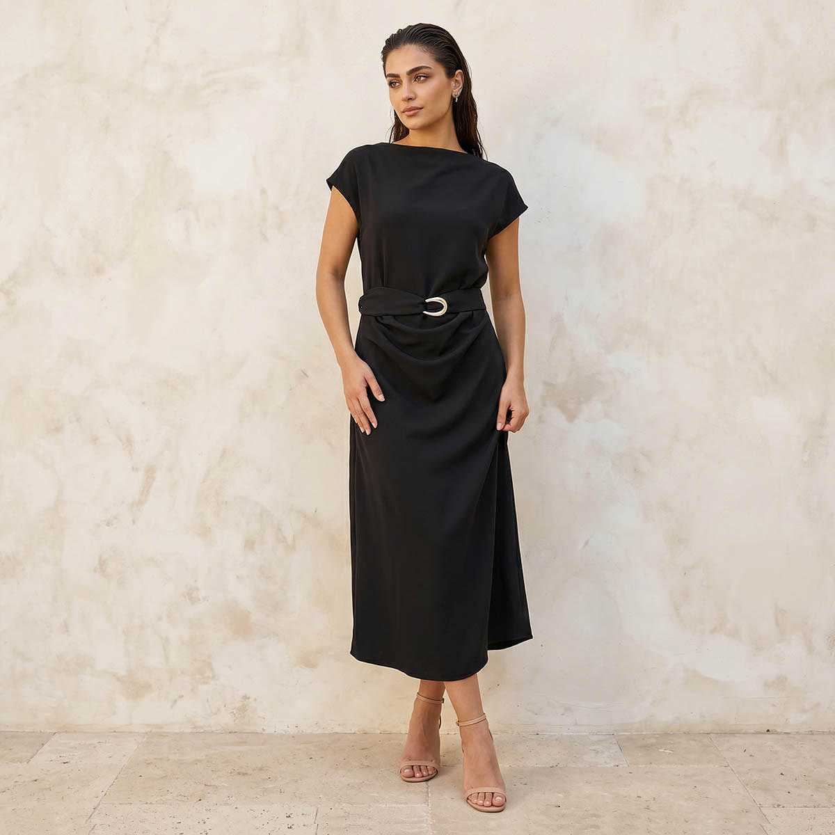 فستان ميدي بثنيات ناعمة وحزام خصر أنيق-women-clothing-dresses-image-1