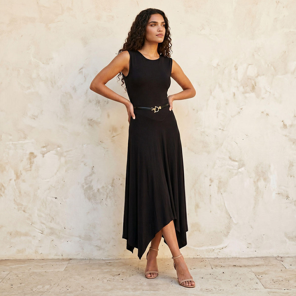 Splash Smart Sleeveless Midi Length Dress with Asymmetrical Hem-women-clothing-dresses-image-1