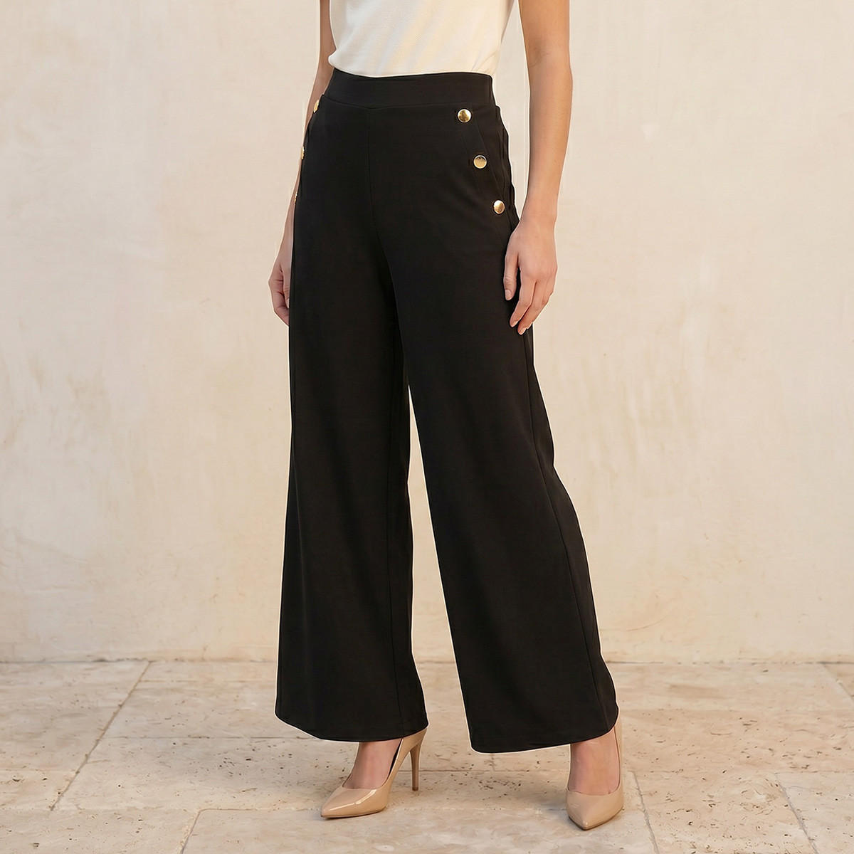 بنطلون واسع بخصر مطاطي وتفاصيل أزرار من سبلاش سمارت-women-clothing-bottoms-trousers-image-1