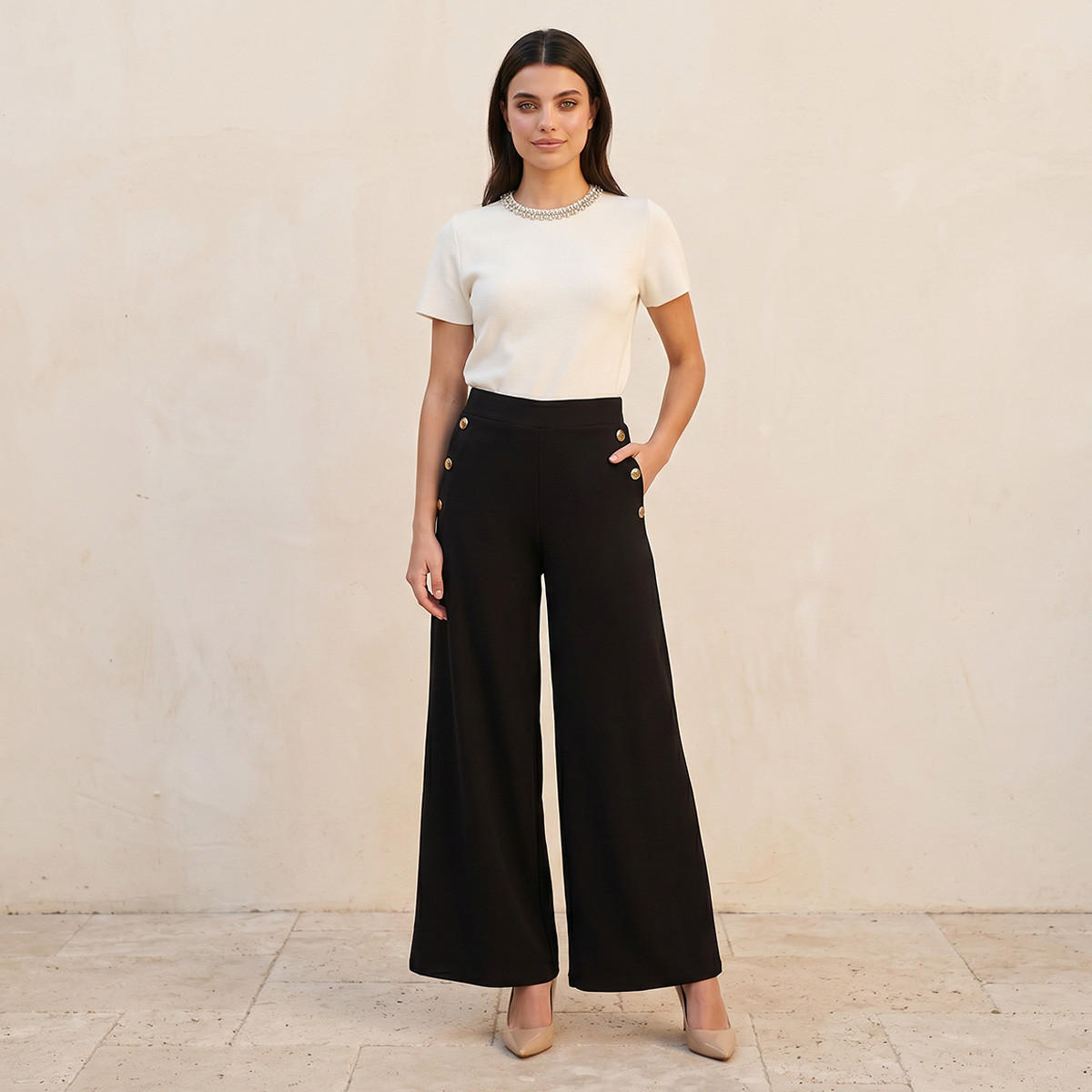 بنطلون واسع بخصر مطاطي وتفاصيل أزرار من سبلاش سمارت-women-clothing-bottoms-trousers-image-3